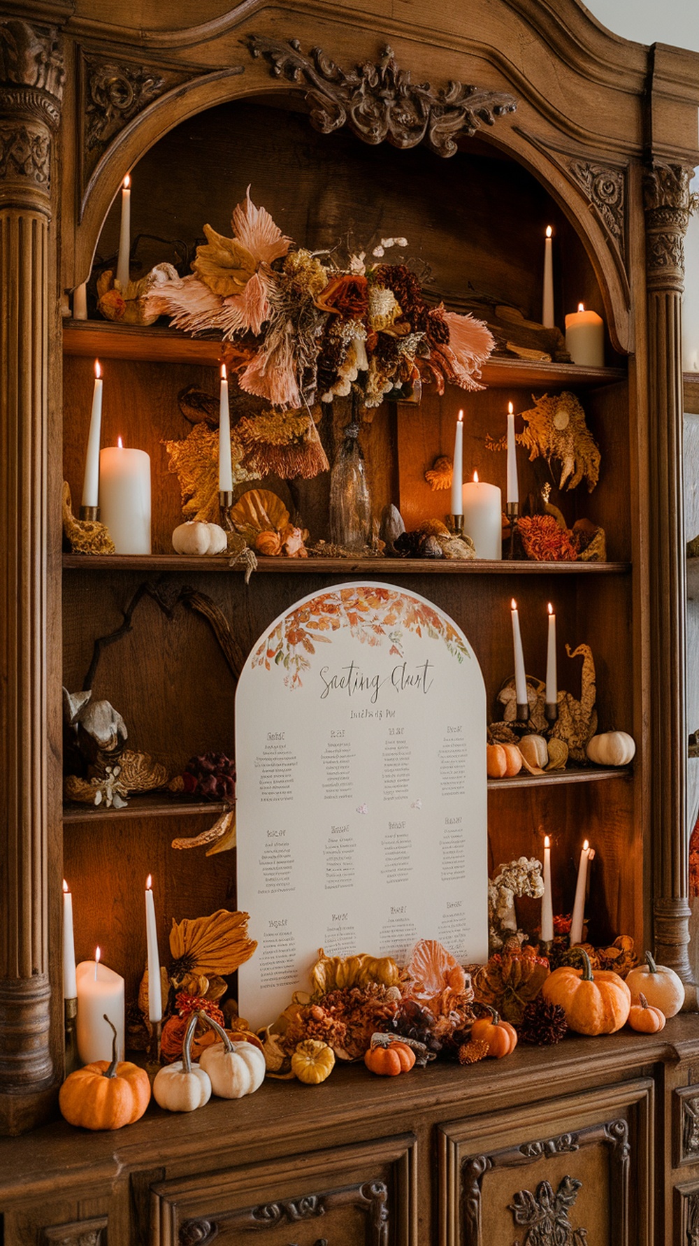 A vintage bookshelf displaying a seating chart for a fall wedding, surrounded by candles and autumn-themed decor