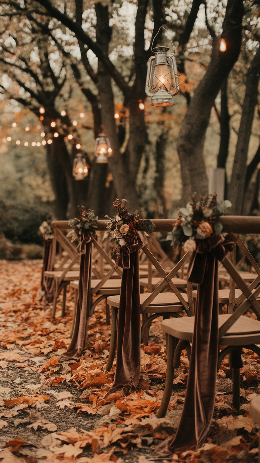 A warm brown forest wedding aisle with wooden chairs, floral decorations, and hanging lanterns.