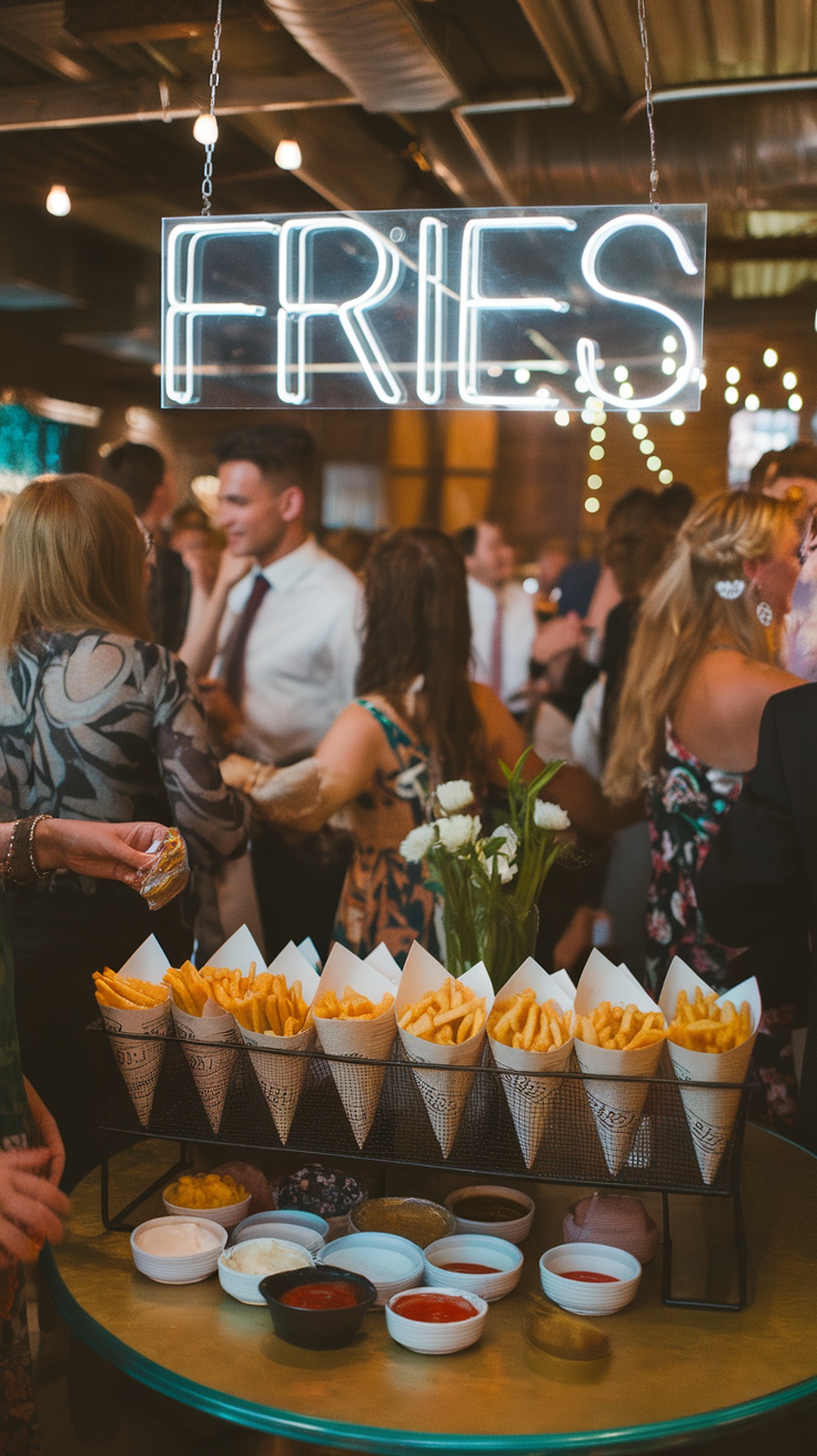 Late Night French Fry Bar with cones of fries and various dipping sauces in a festive setting.