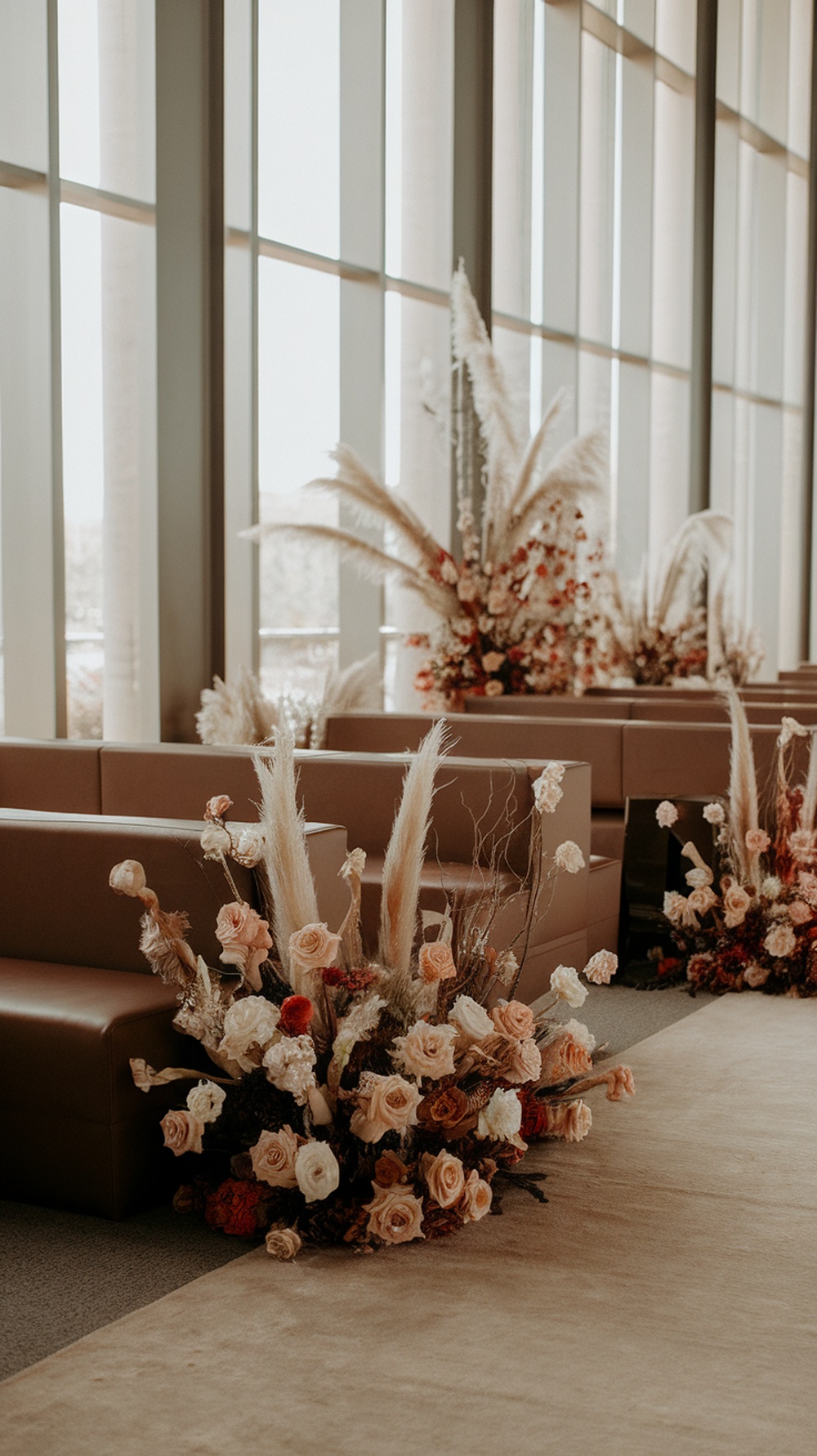Minimalist ceremony aisle decorated with earthy flowers and pampas grass in a spacious venue