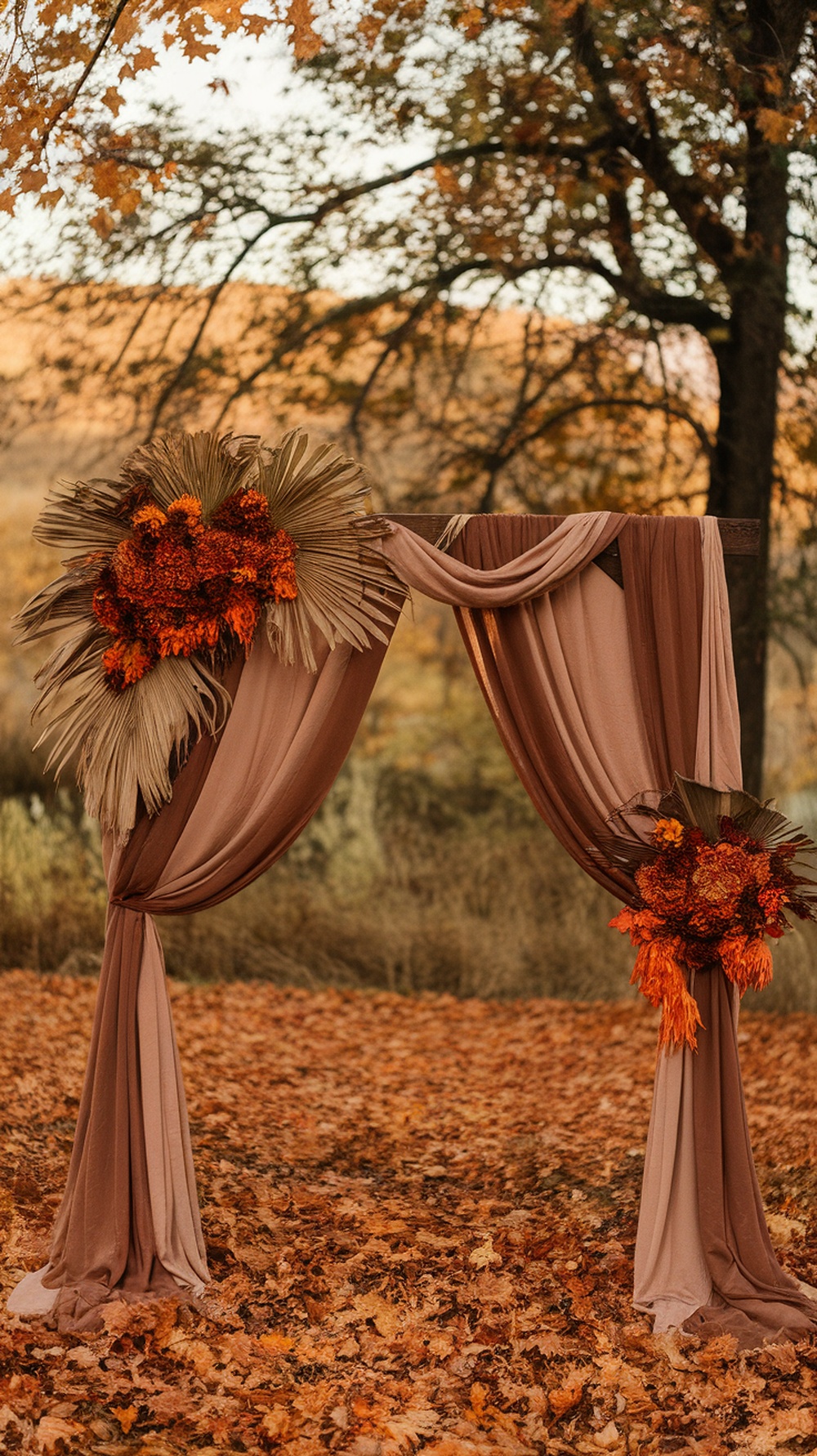 Mocha and rust wedding ceremony arch with floral decorations and autumn leaves.