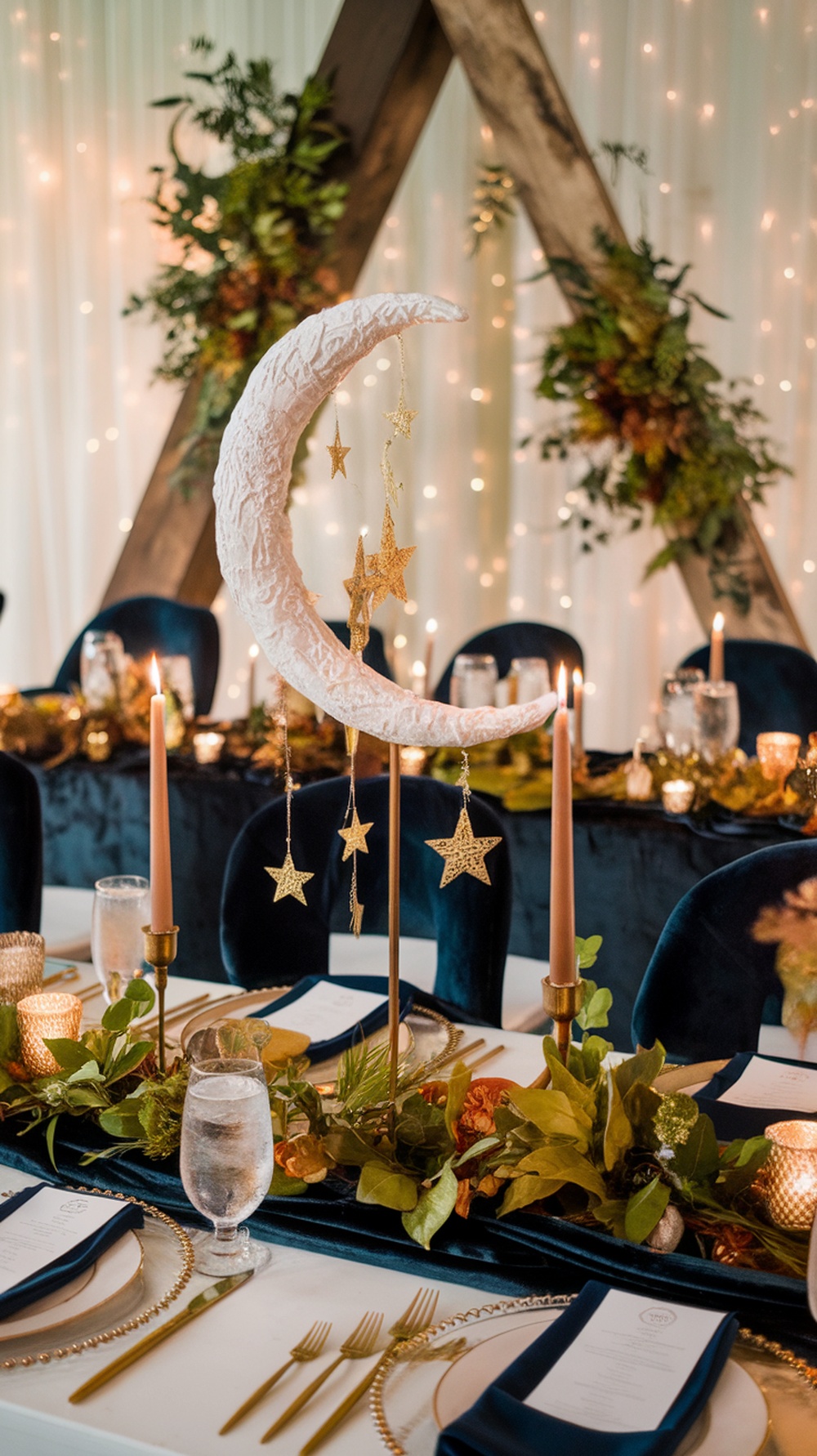 Moon and stars inspired wedding reception decor with a crescent moon centerpiece and gold star accents