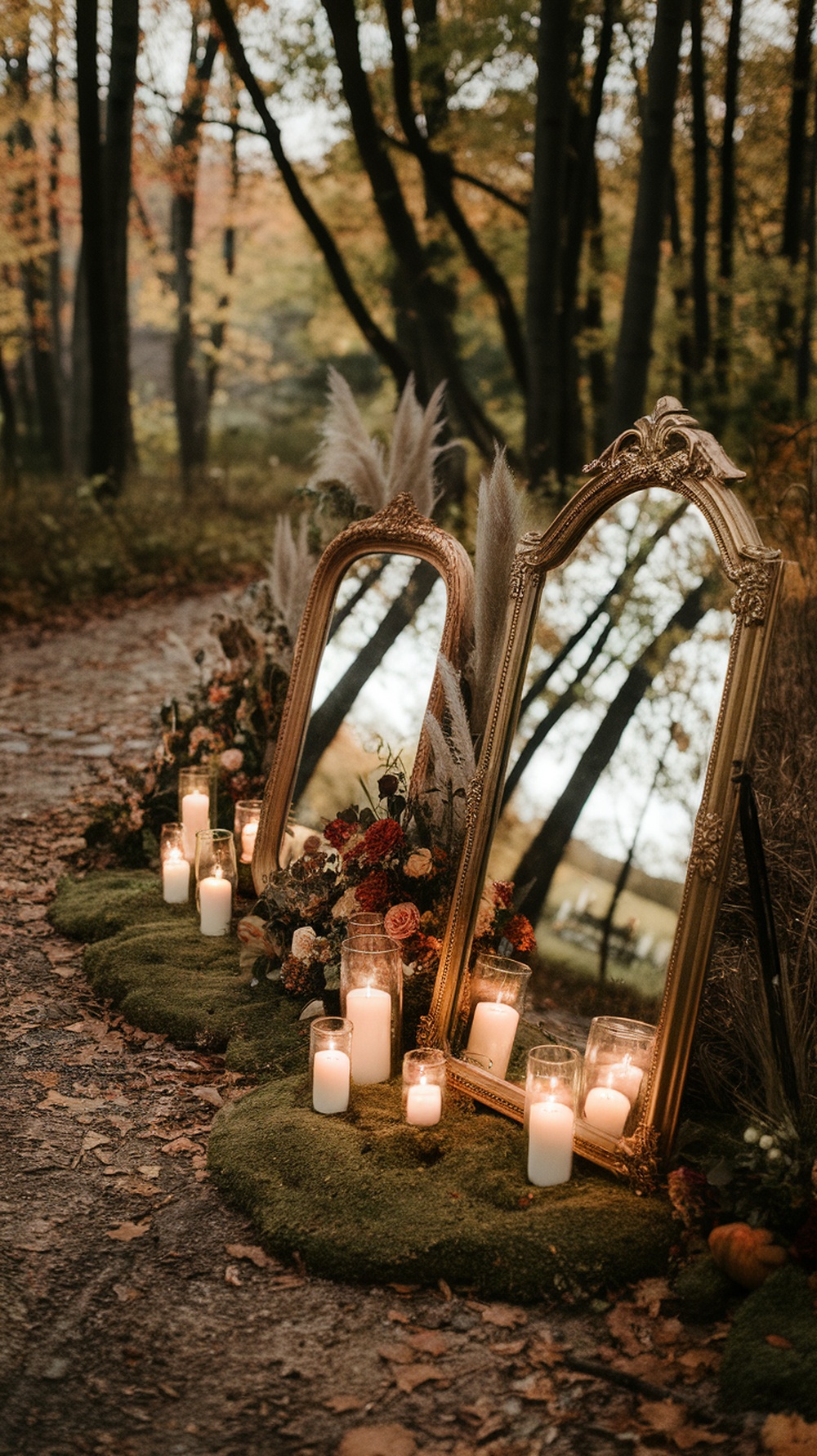 Vintage mirrors along a forest path surrounded by flowers and candles