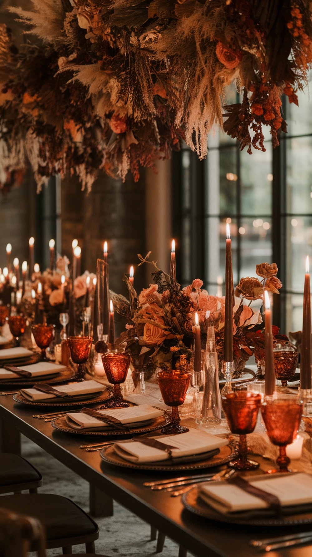 A beautifully decorated wedding reception table with amber glassware, candles, and floral arrangements.