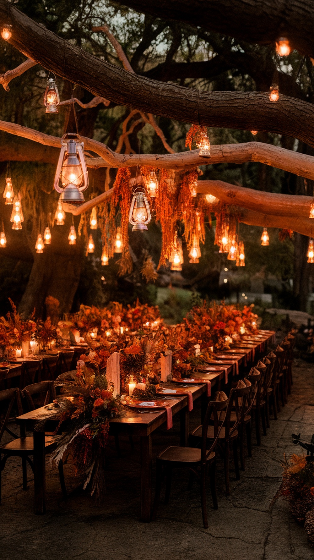 Hanging lanterns illuminate a beautifully decorated wedding venue, with tables adorned with floral arrangements.