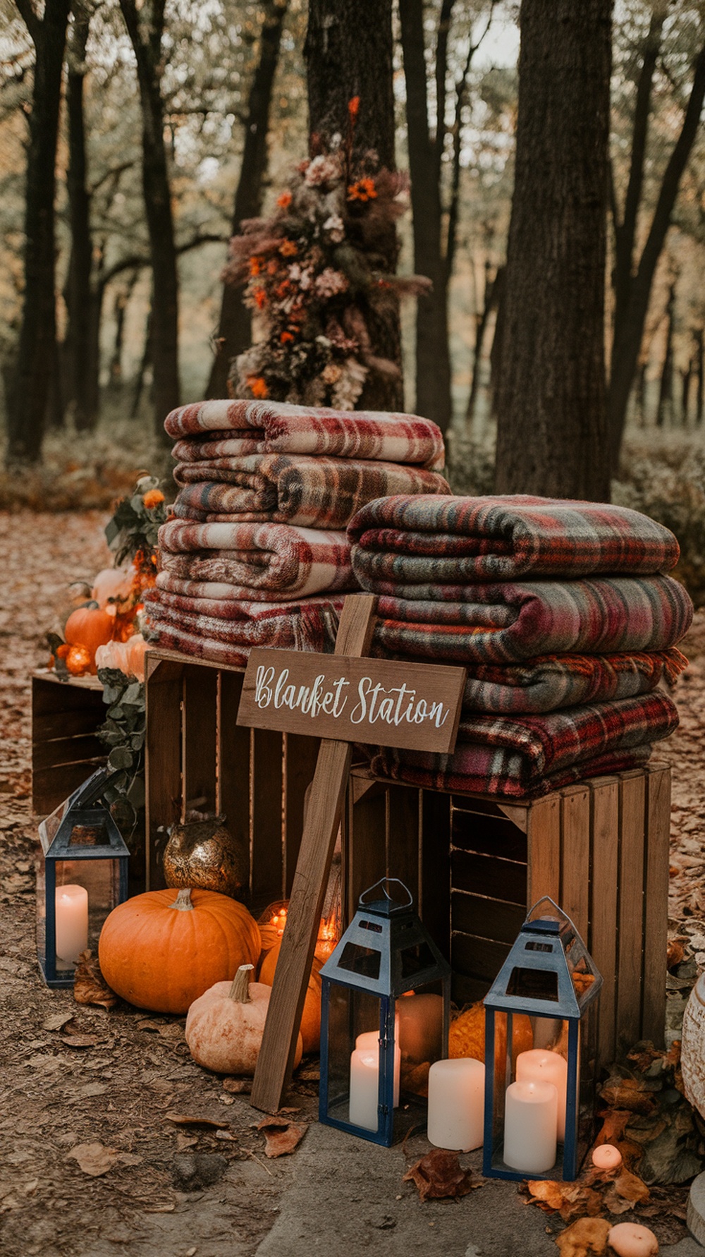 A cozy blanket station in an enchanted forest wedding setup with blankets, pumpkins, and lanterns.