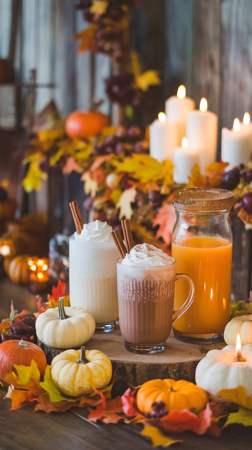 Hot cocoa and cider bar decorated with pumpkins and autumn leaves