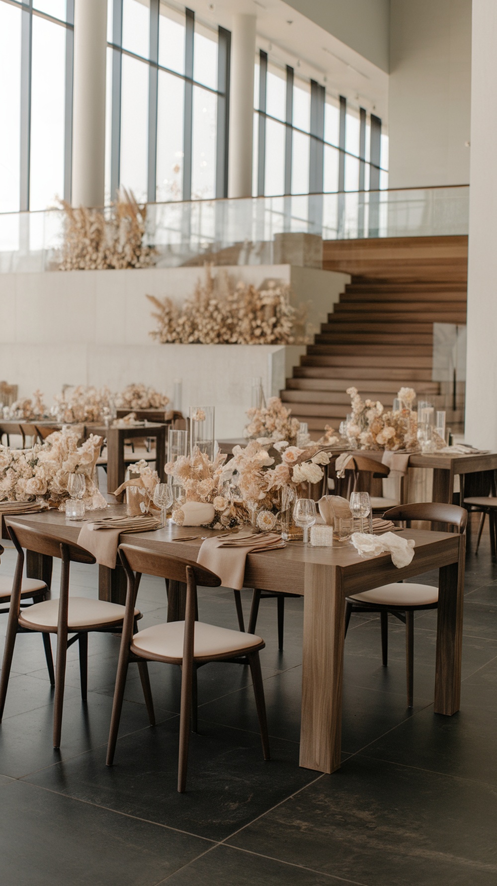 Elegant walnut wood reception tables with floral decor and glassware in a modern setting