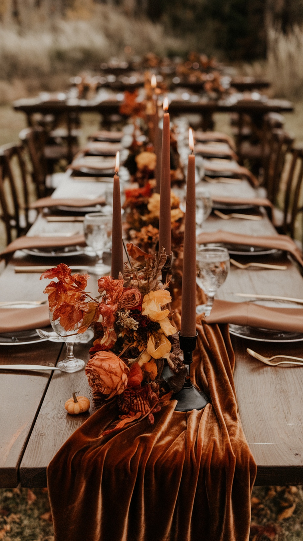 A beautifully set table with brown velvet runners, autumn floral arrangements, and candles.
