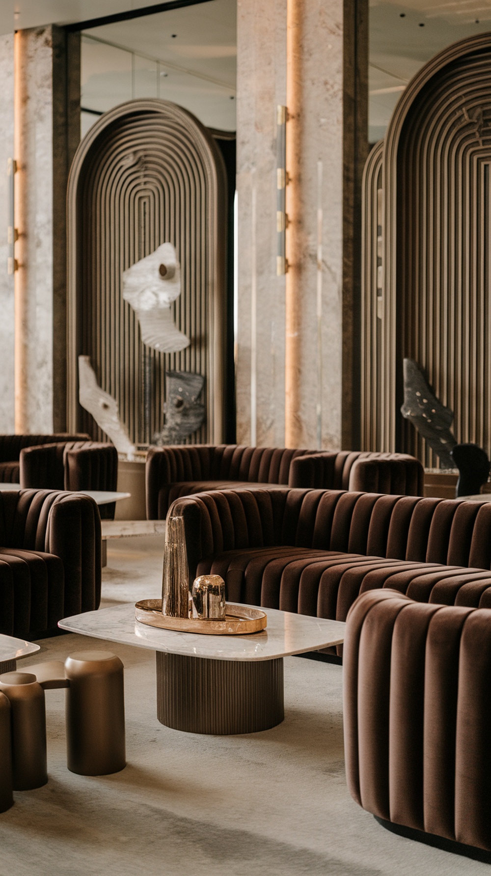 Espresso velvet lounge area with modern decor featuring rounded sofas and artistic sculptures.