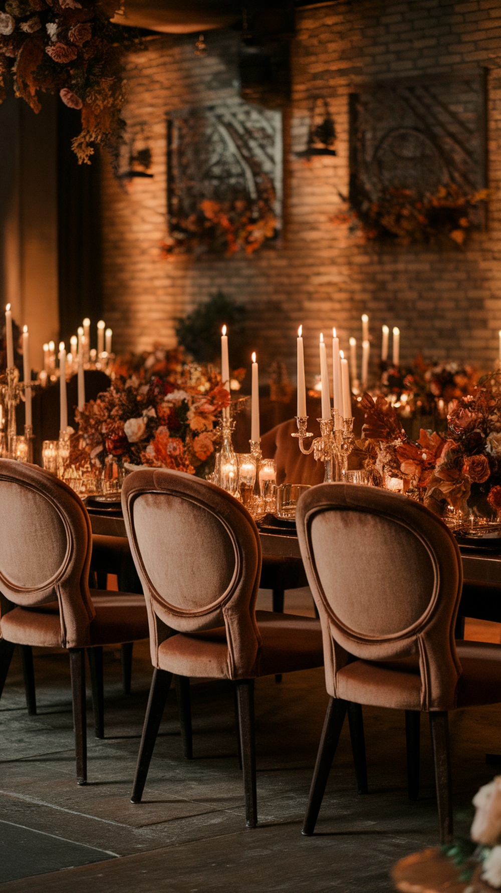 Elegant toffee brown velvet reception chairs with a beautifully arranged table setting for a fall wedding.