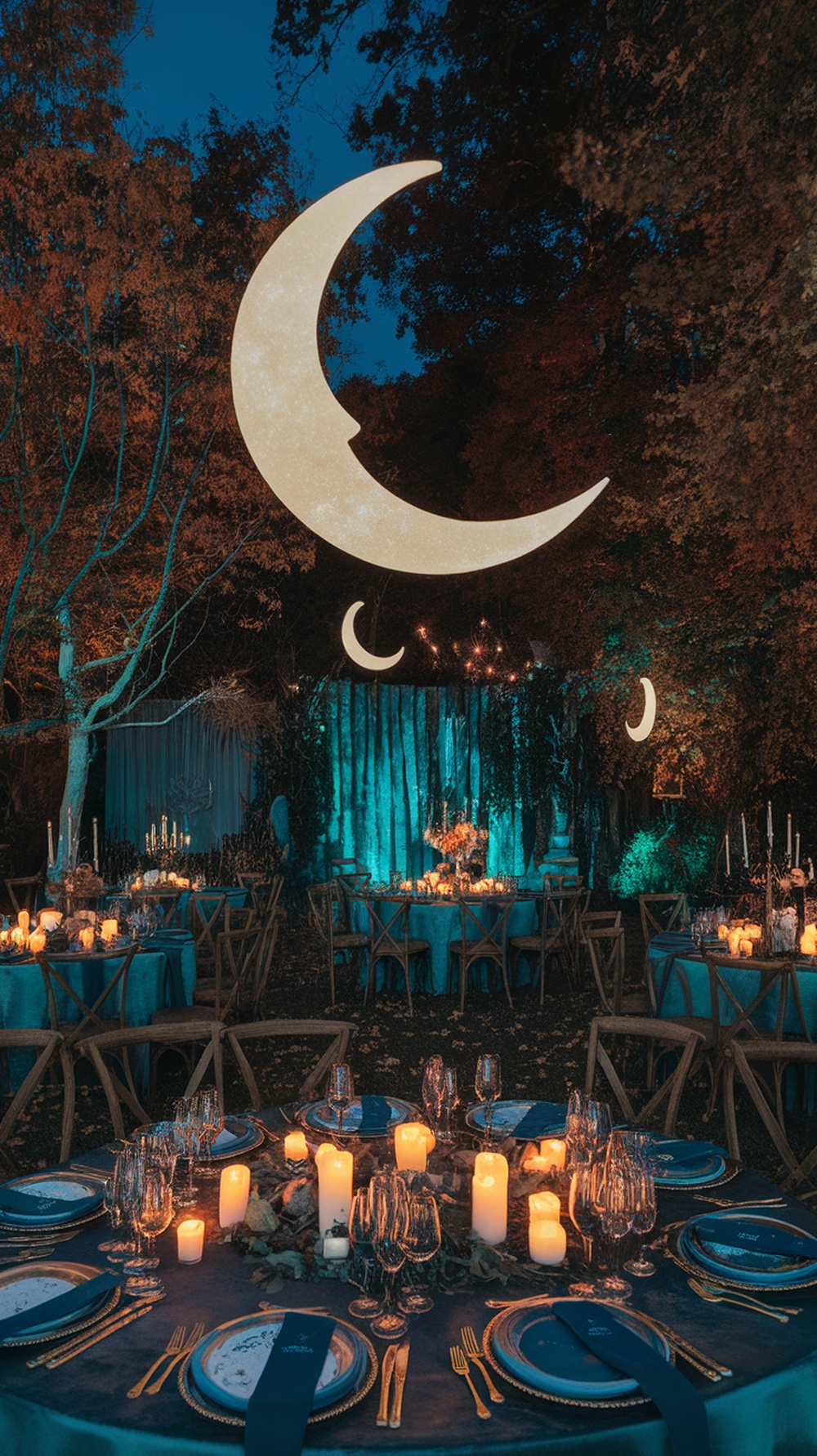 An enchanting wedding setup in woods with crescent moon decor, candles, and beautifully set tables.