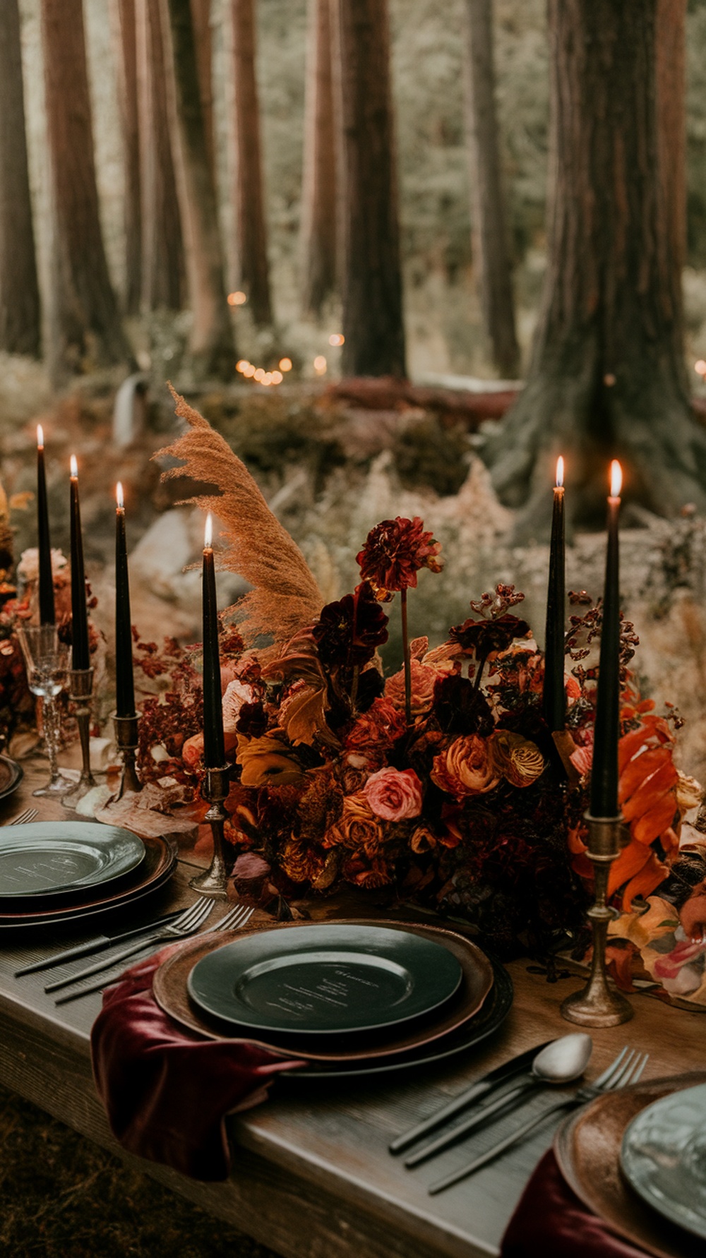 A beautiful wedding table set in a forest with black taper candles and moody flower arrangements.
