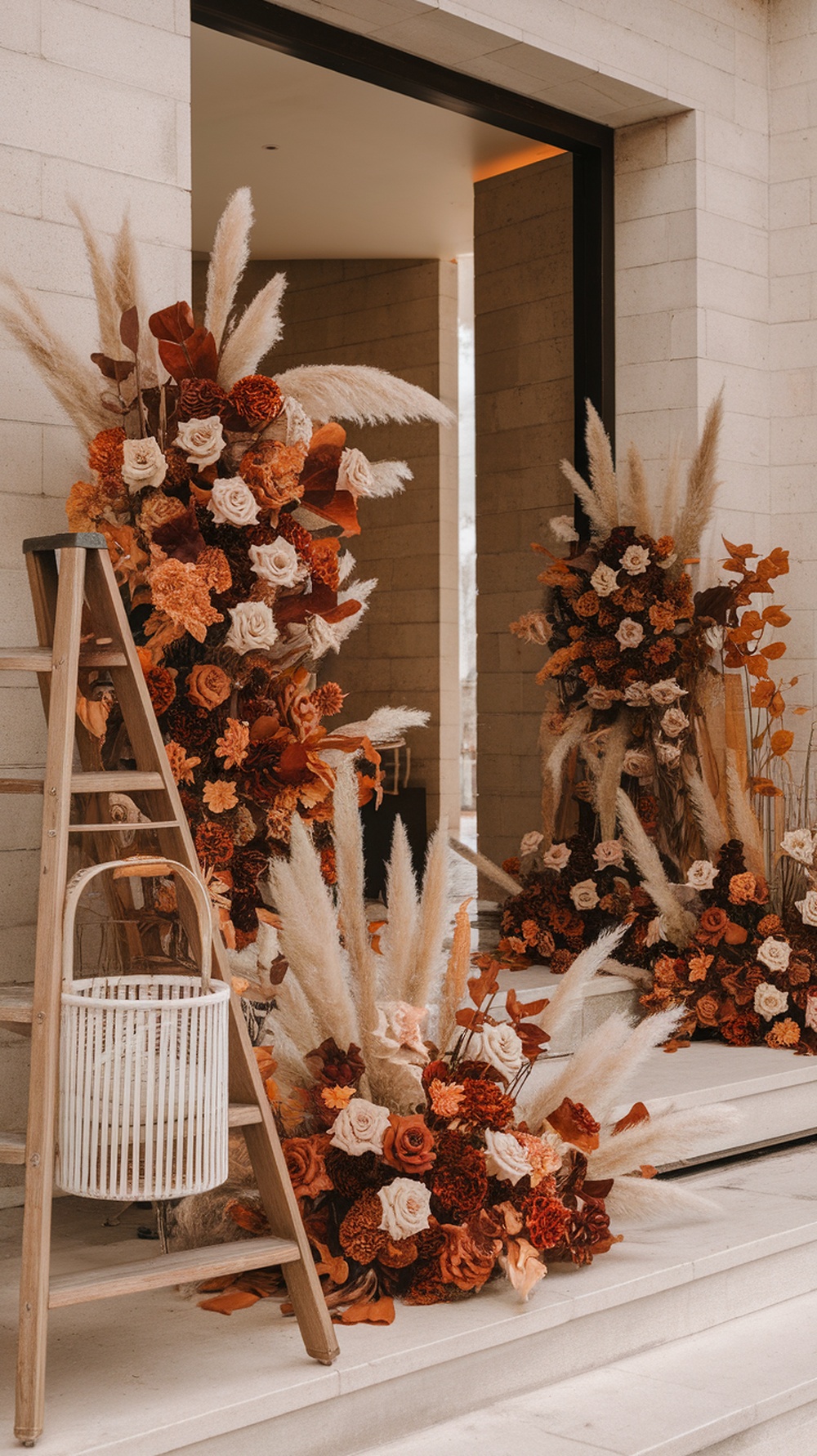 Modern wedding entrance with earth tone floral arrangements and rustic decor