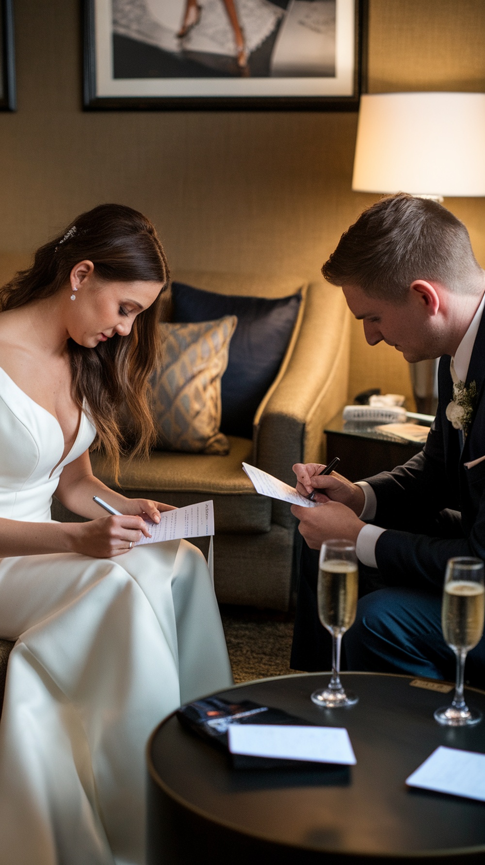 A couple sitting together writing notes to each other after their wedding reception.