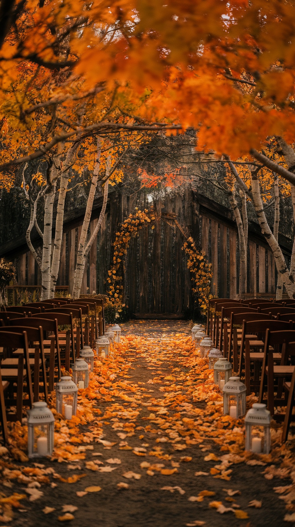A charming forest aisle adorned with fallen leaves and lanterns, leading to a rustic wooden backdrop.