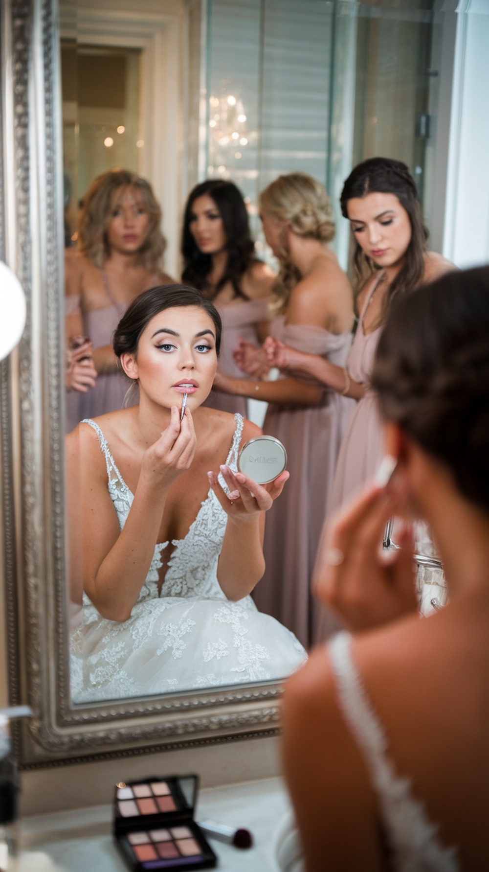 Bride applying lip gloss in front of a mirror surrounded by bridesmaids