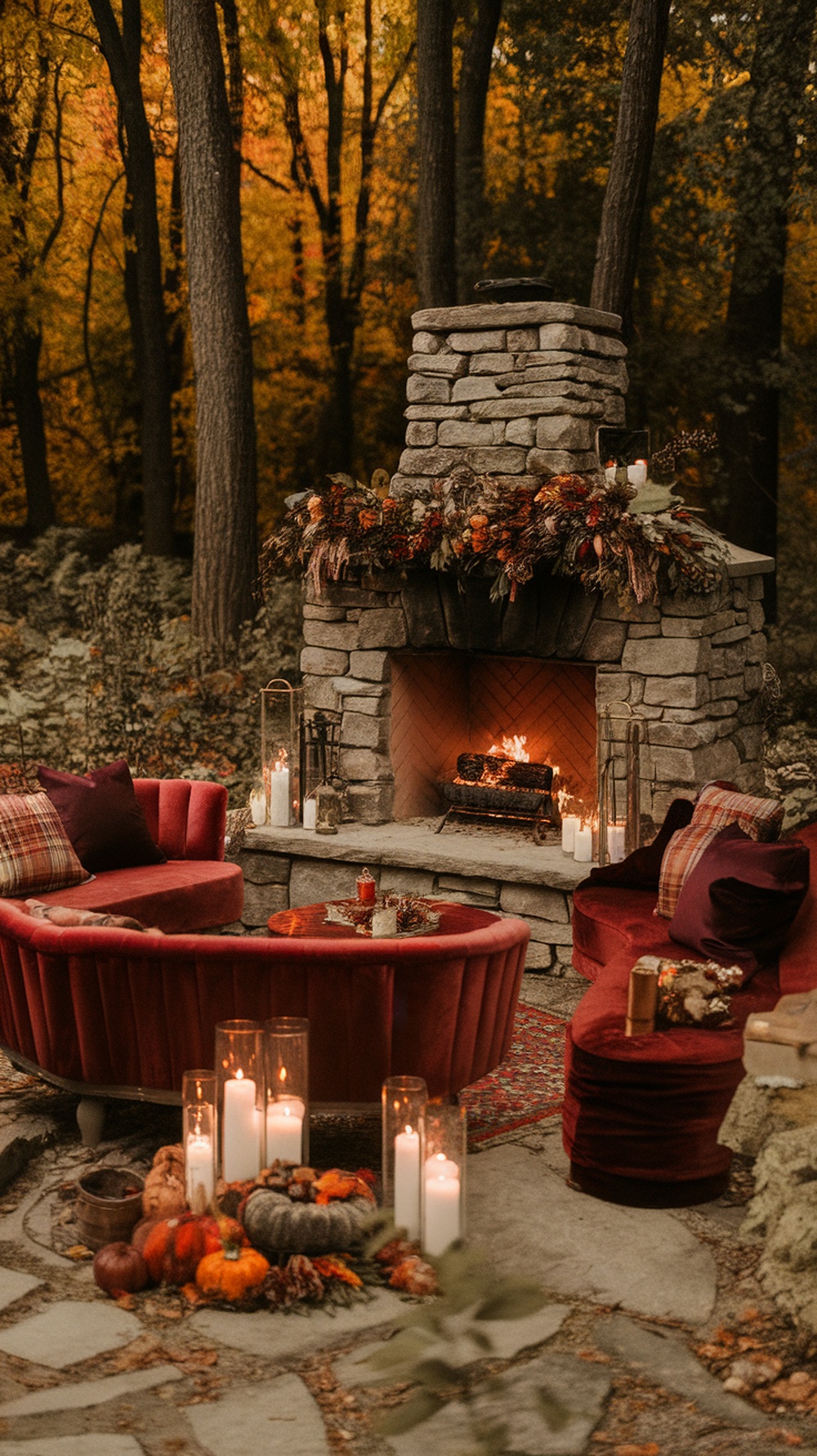 Cozy stone fireplace lounge surrounded by autumn foliage, featuring plush seating and candlelight for a wedding decor setting