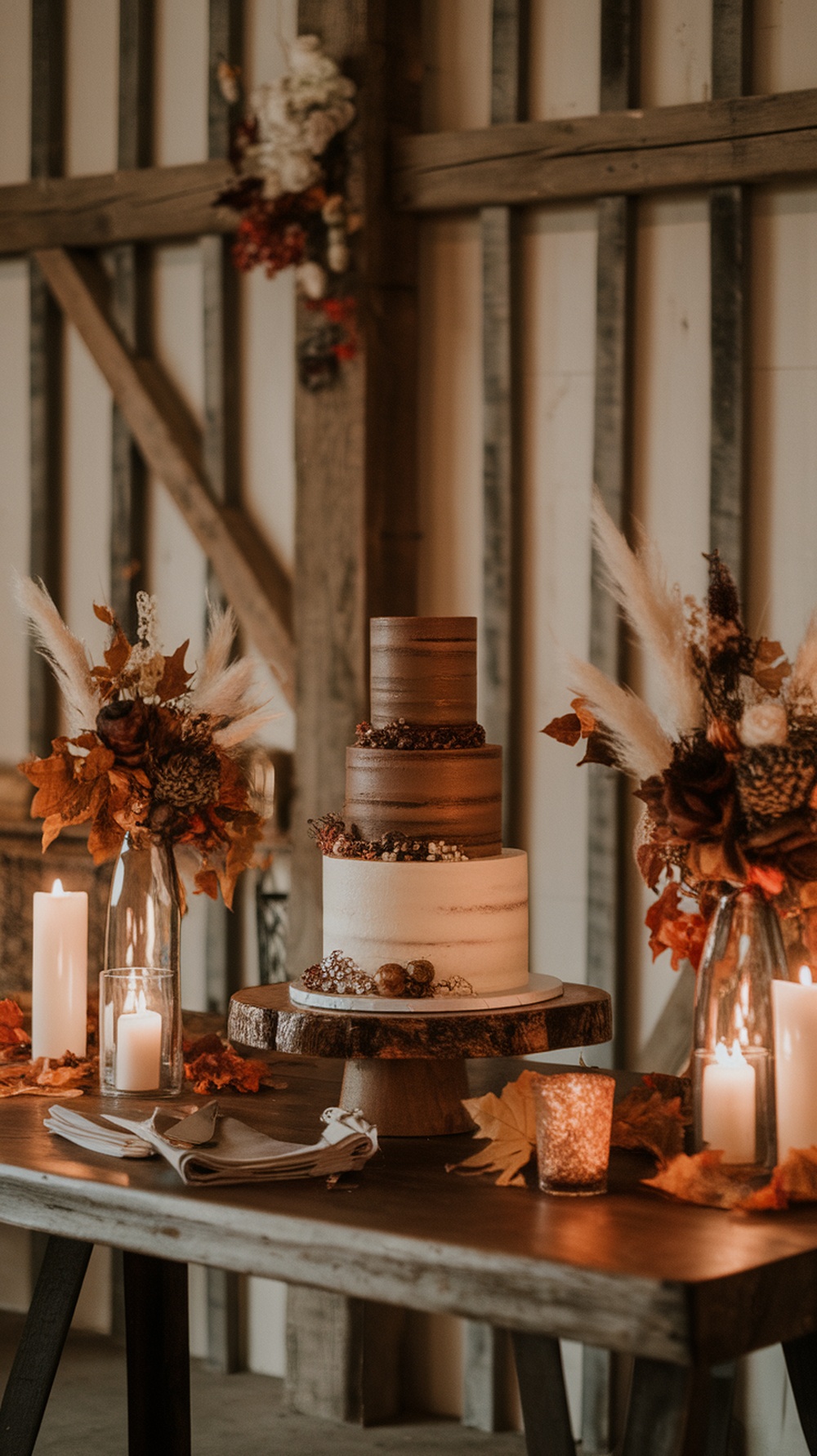 A wedding cake table featuring a brown and ivory cake surrounded by fall decorations.