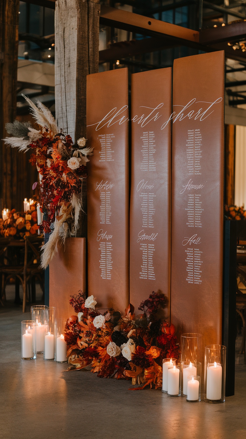 A brown leather seating chart display surrounded by candles and vibrant fall flowers.