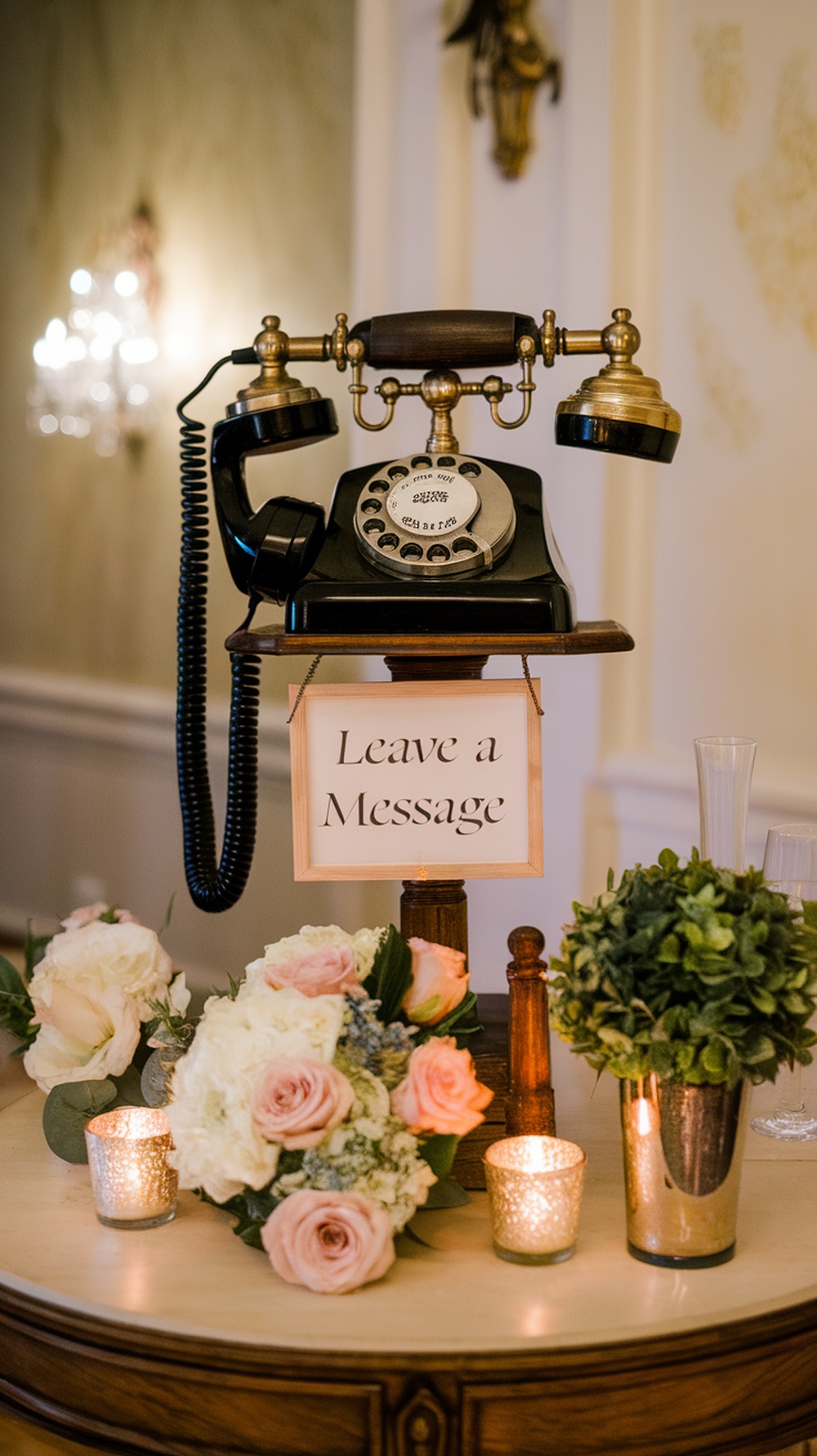 A vintage telephone set up on a table with flowers and a sign that says 'Leave a Message'.