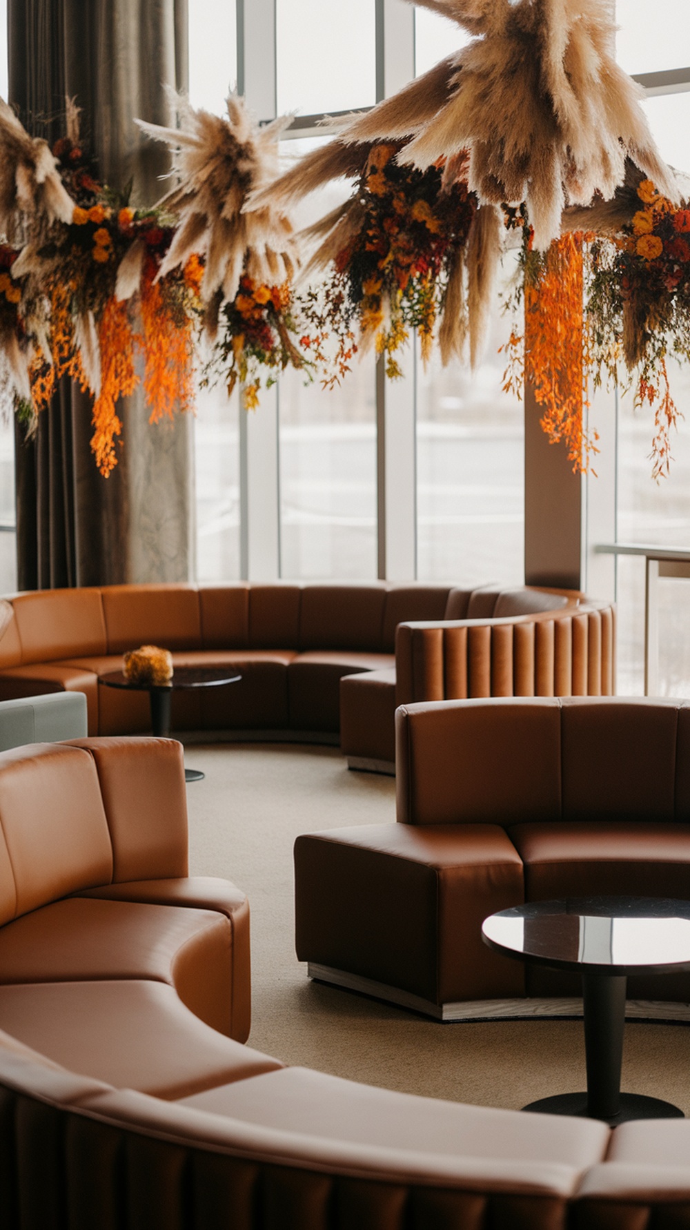 A cozy lounge with brown leather seating and a floral arrangement featuring orange and yellow flowers