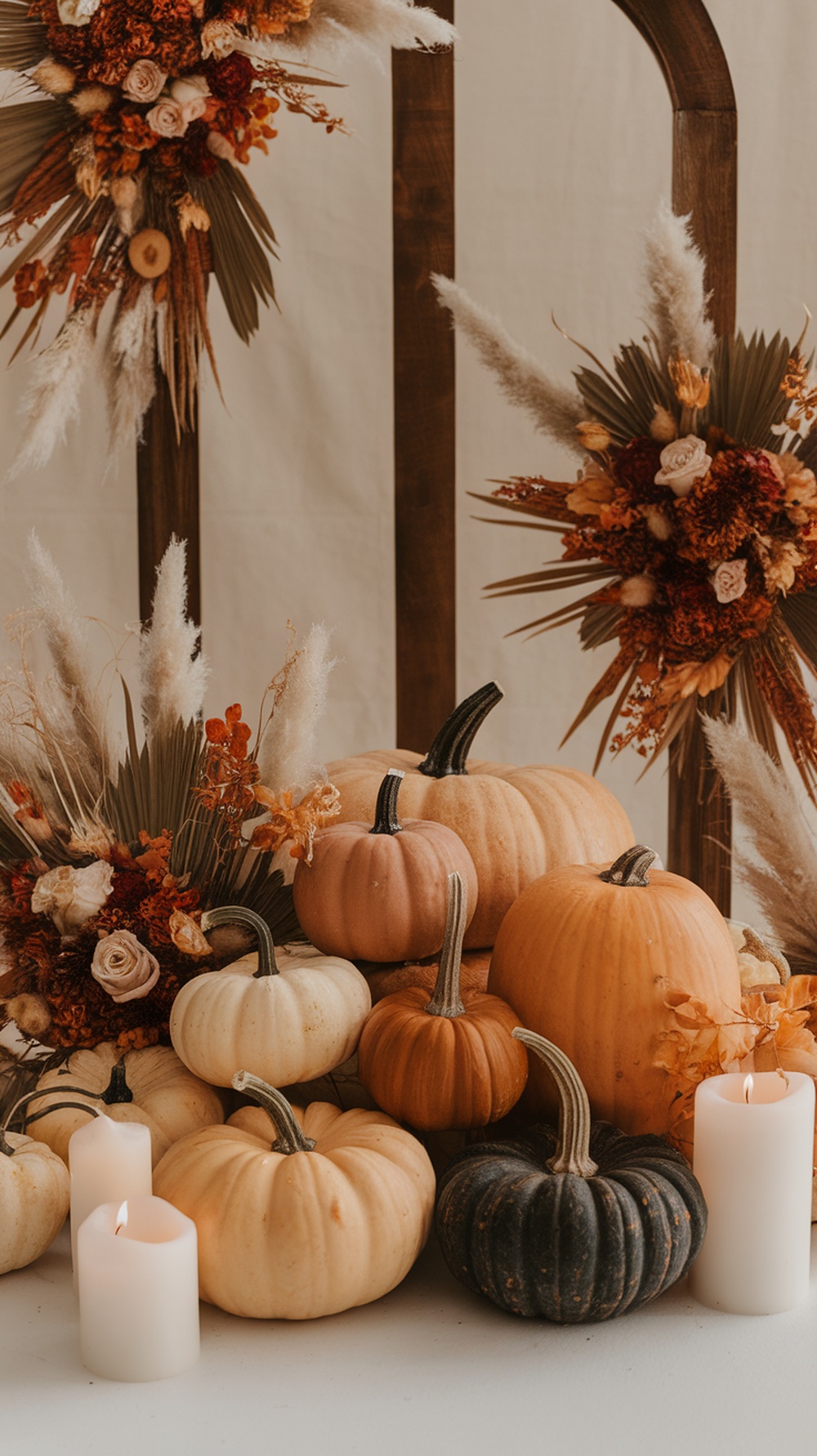 A display of assorted pumpkins in shades of brown, surrounded by decorative floral arrangements and candles.