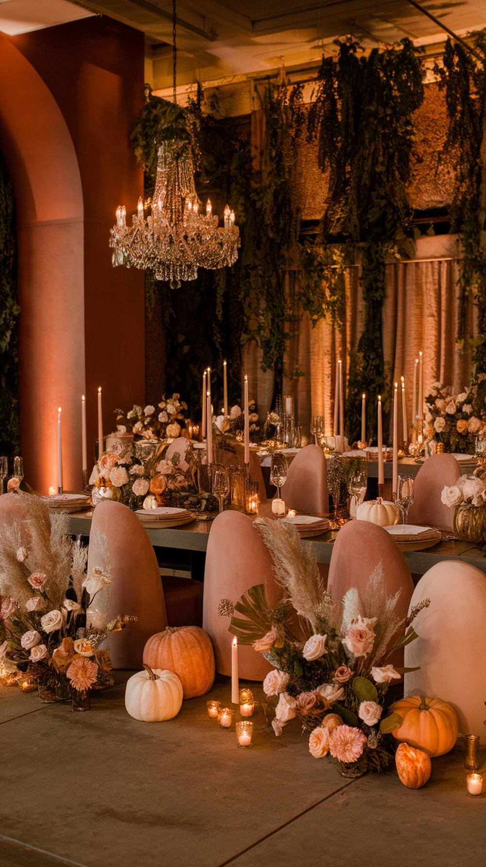 Elegant fall wedding reception decor featuring terracotta brown and nude tones with floral arrangements, candles, and pumpkins.