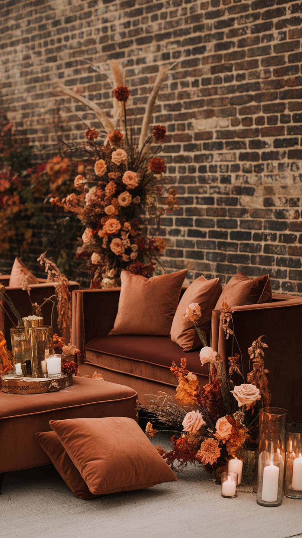 A cozy lounge area with terracotta and cocoa colored seating, floral arrangements, and elegant candles, perfect for a fall wedding.