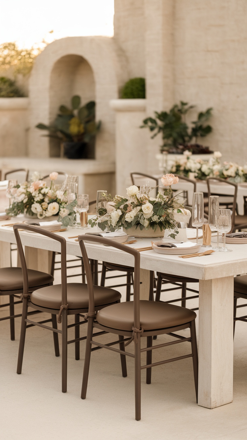 A beautiful outdoor wedding reception with mocha and stone colors, featuring elegant tables decorated with floral arrangements and stylish seating.
