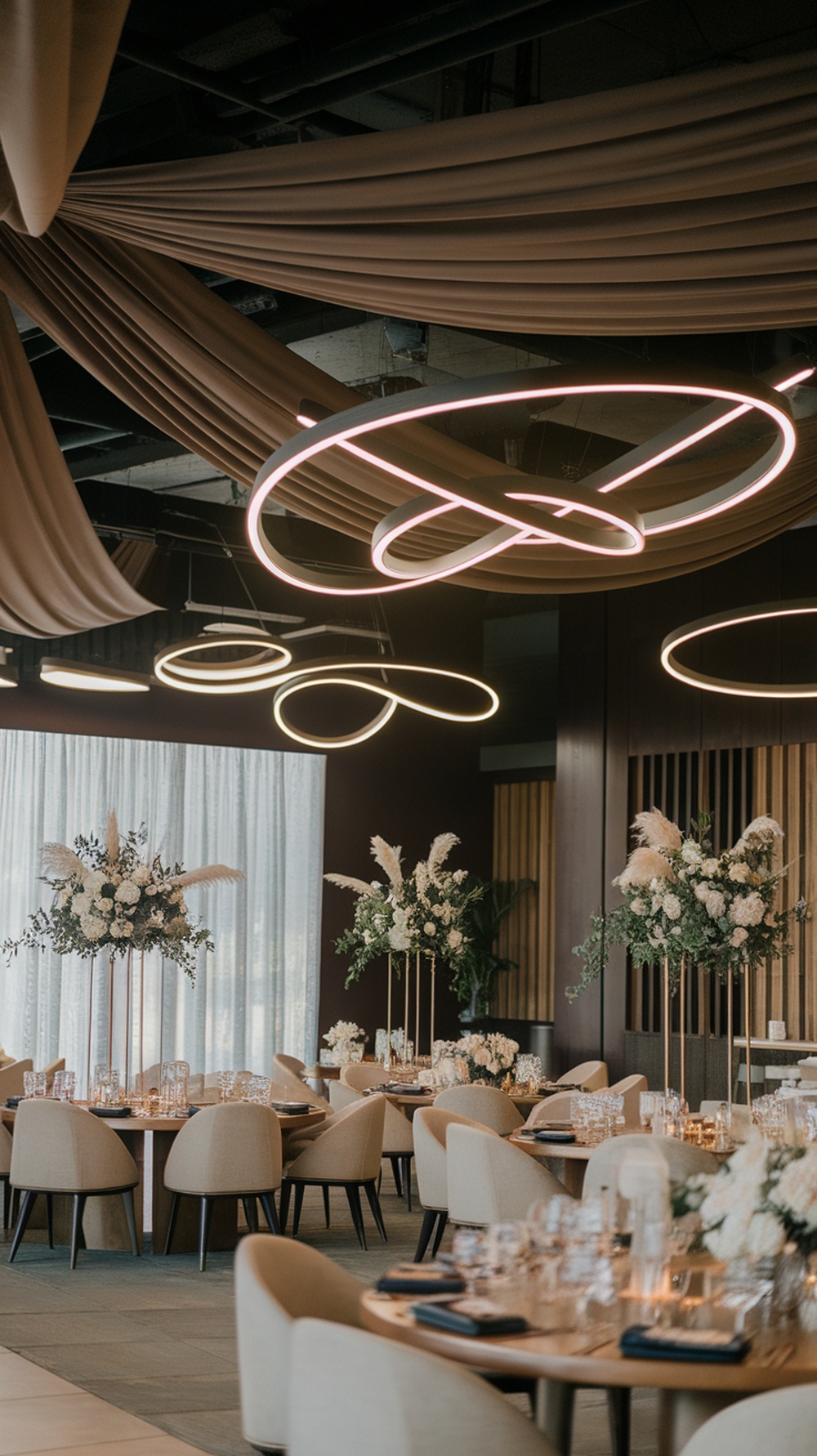 A beautiful wedding venue with chocolate brown ceiling drapery and elegant decor.