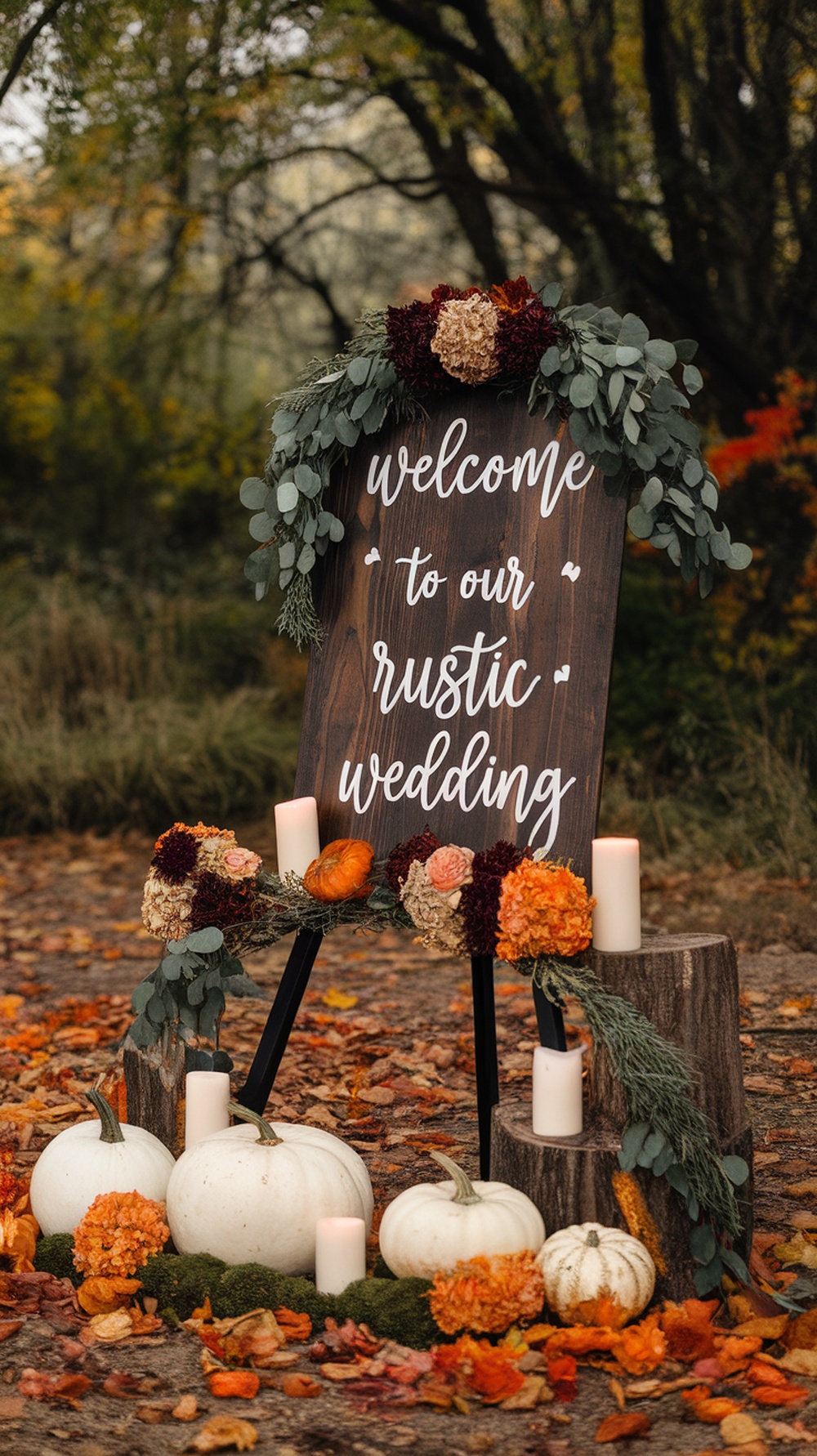 Wooden welcome sign decorated with flowers and surrounded by pumpkins