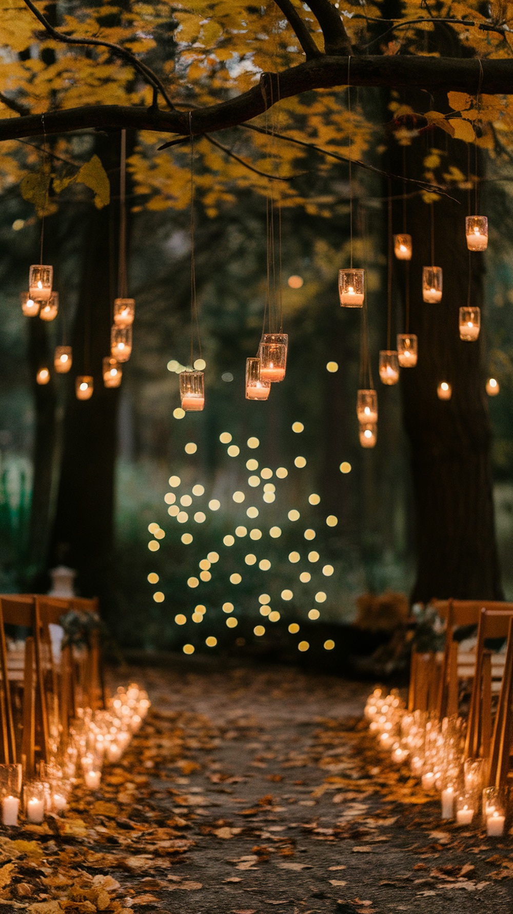 A serene forest pathway lit by floating candles, leading to a floral archway.