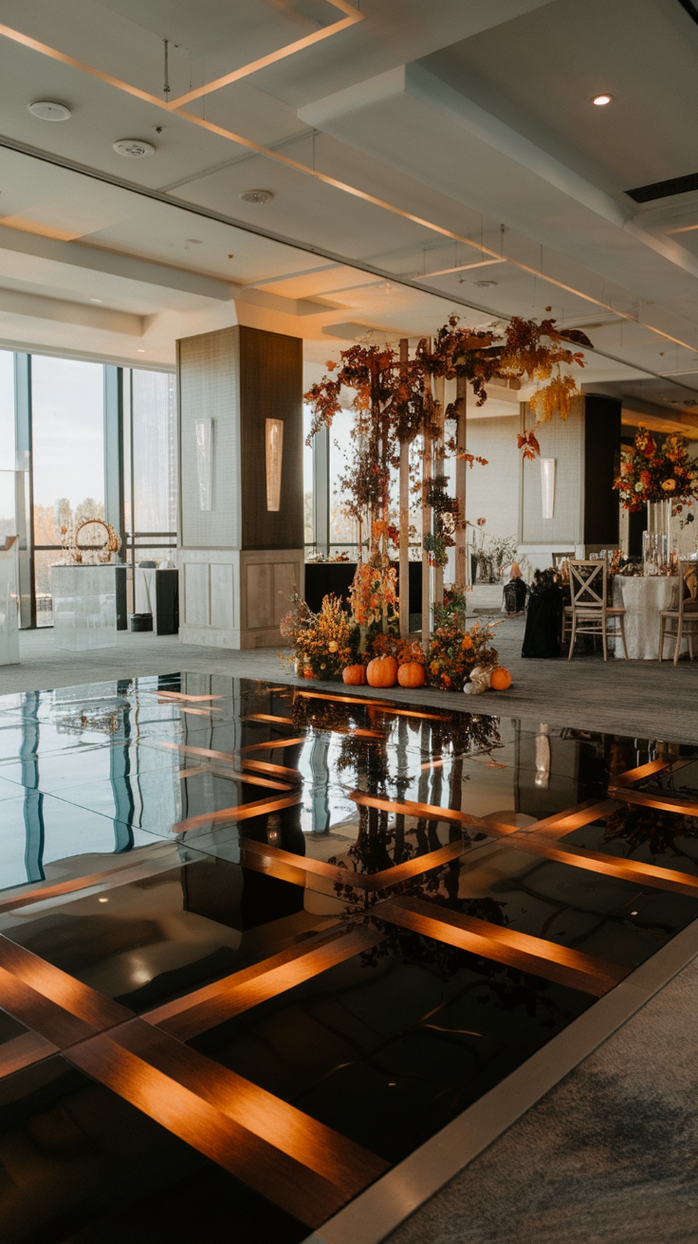 Warm brown and black dance floor with autumn decor