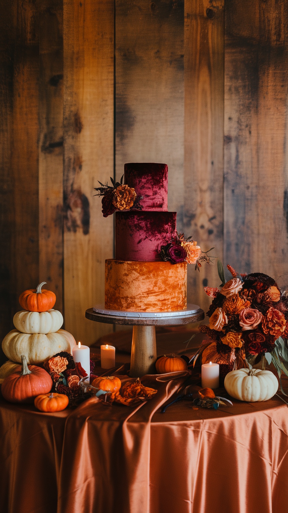 A rustic cake table decorated for a fall wedding, featuring a three-tiered cake and pumpkins.