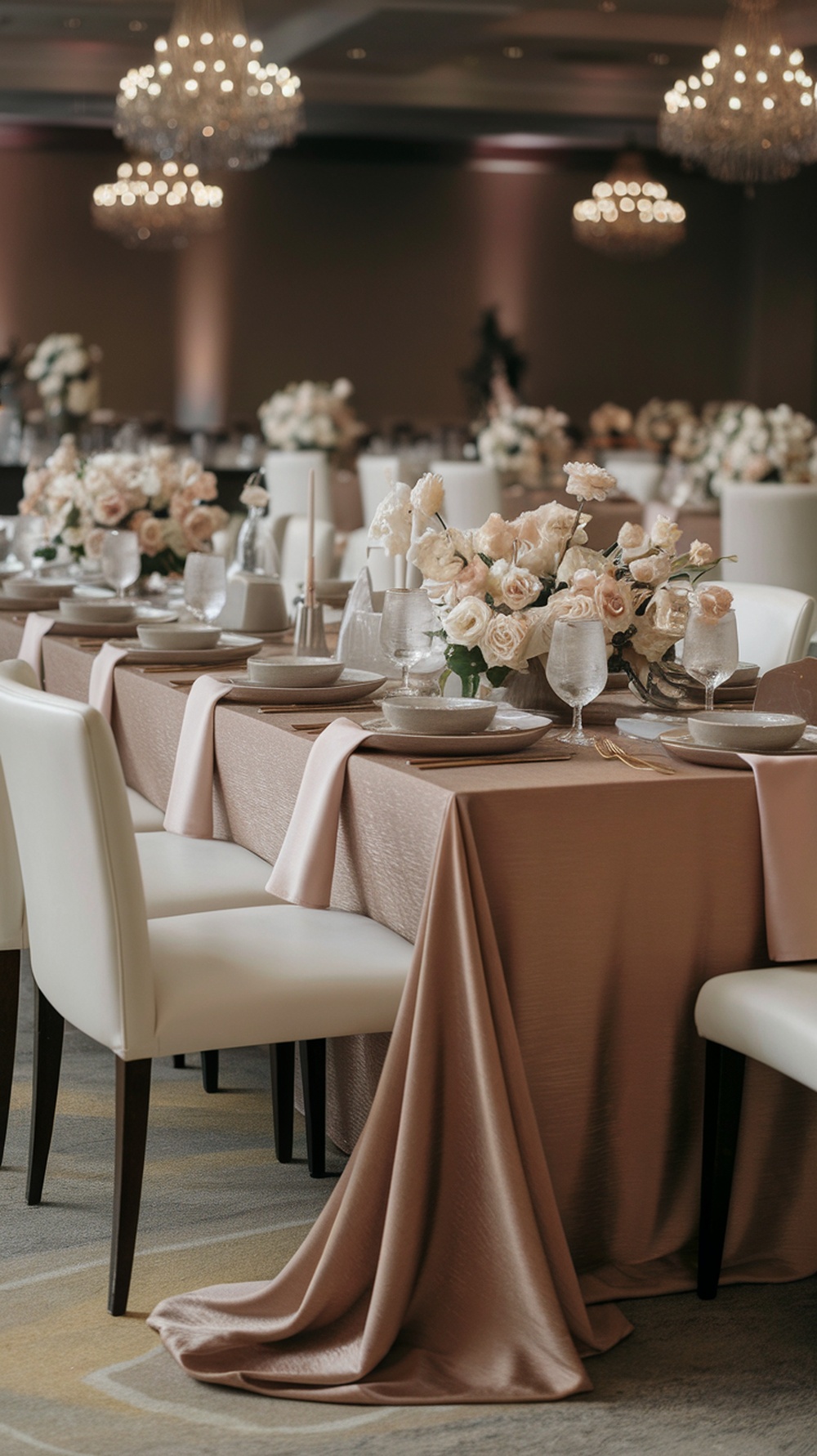 Elegant wedding table set with a brown silk table runner and floral arrangements