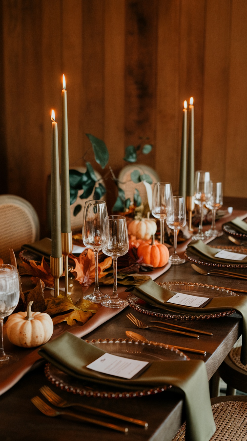 A beautifully arranged fall wedding tablescape featuring chestnut brown and olive green elements, with candles, pumpkins, and autumn leaves.