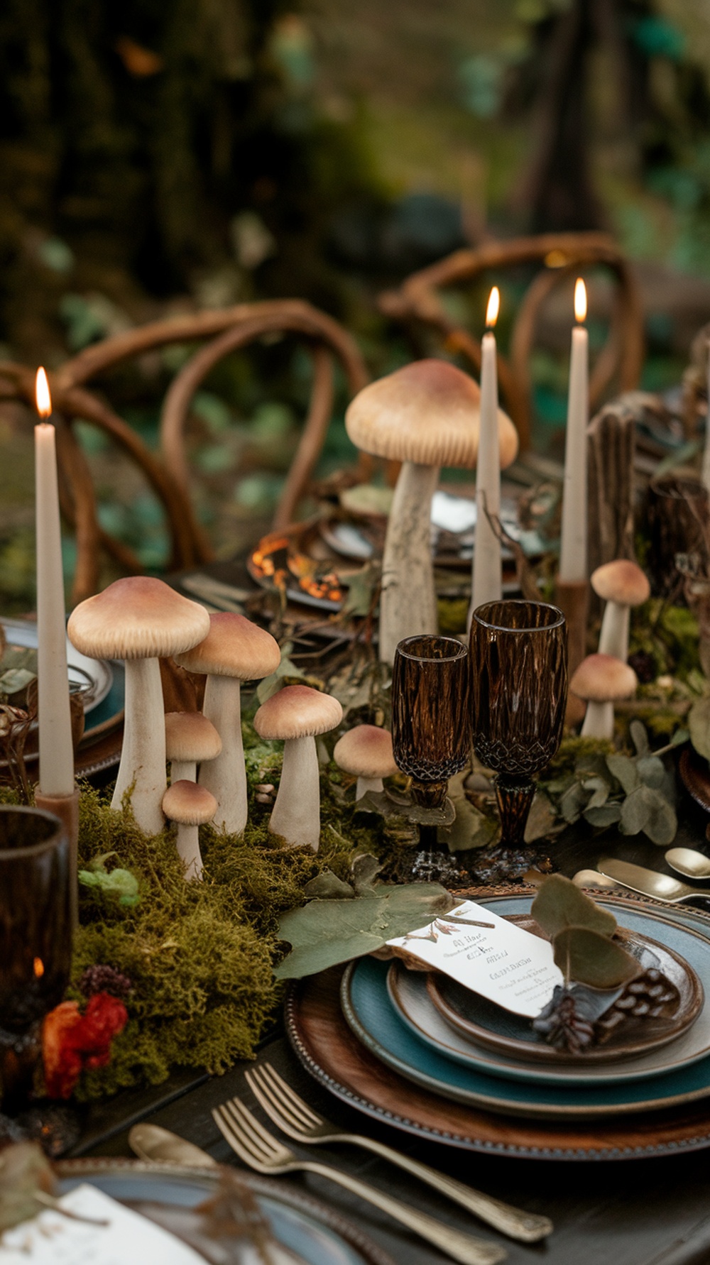 Mushroom themed wedding table decor with candles and elegant table settings