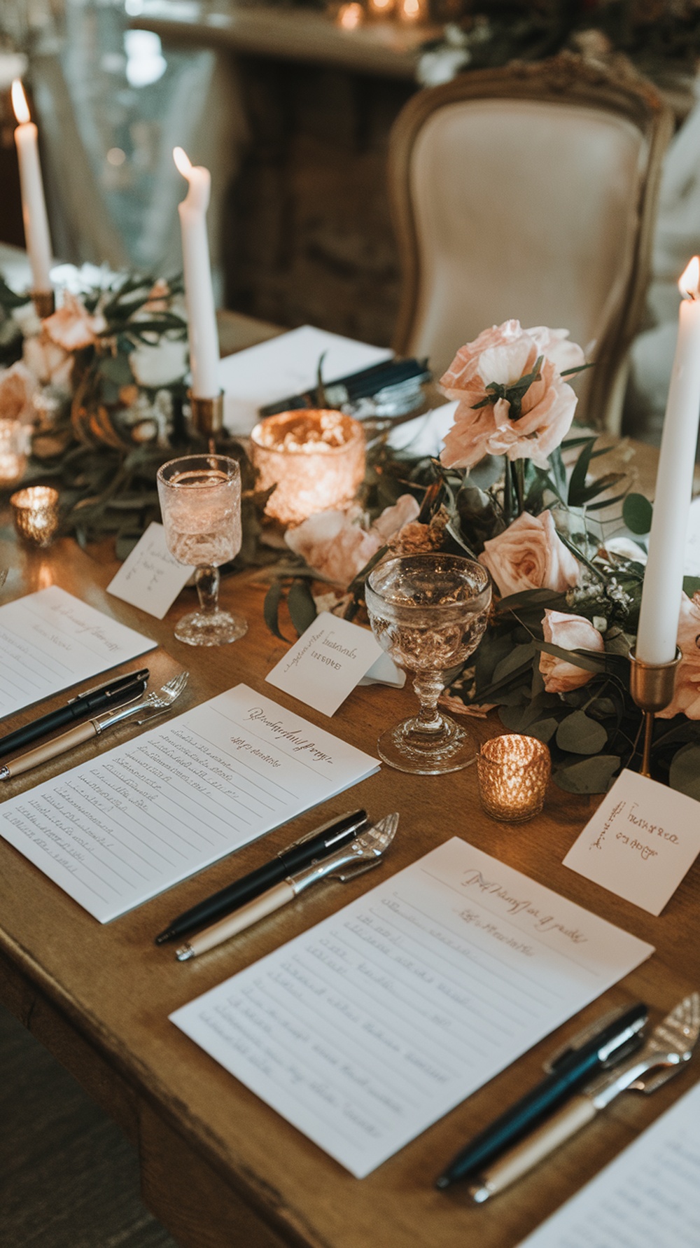 A beautifully arranged wedding table with advice cards for guests.