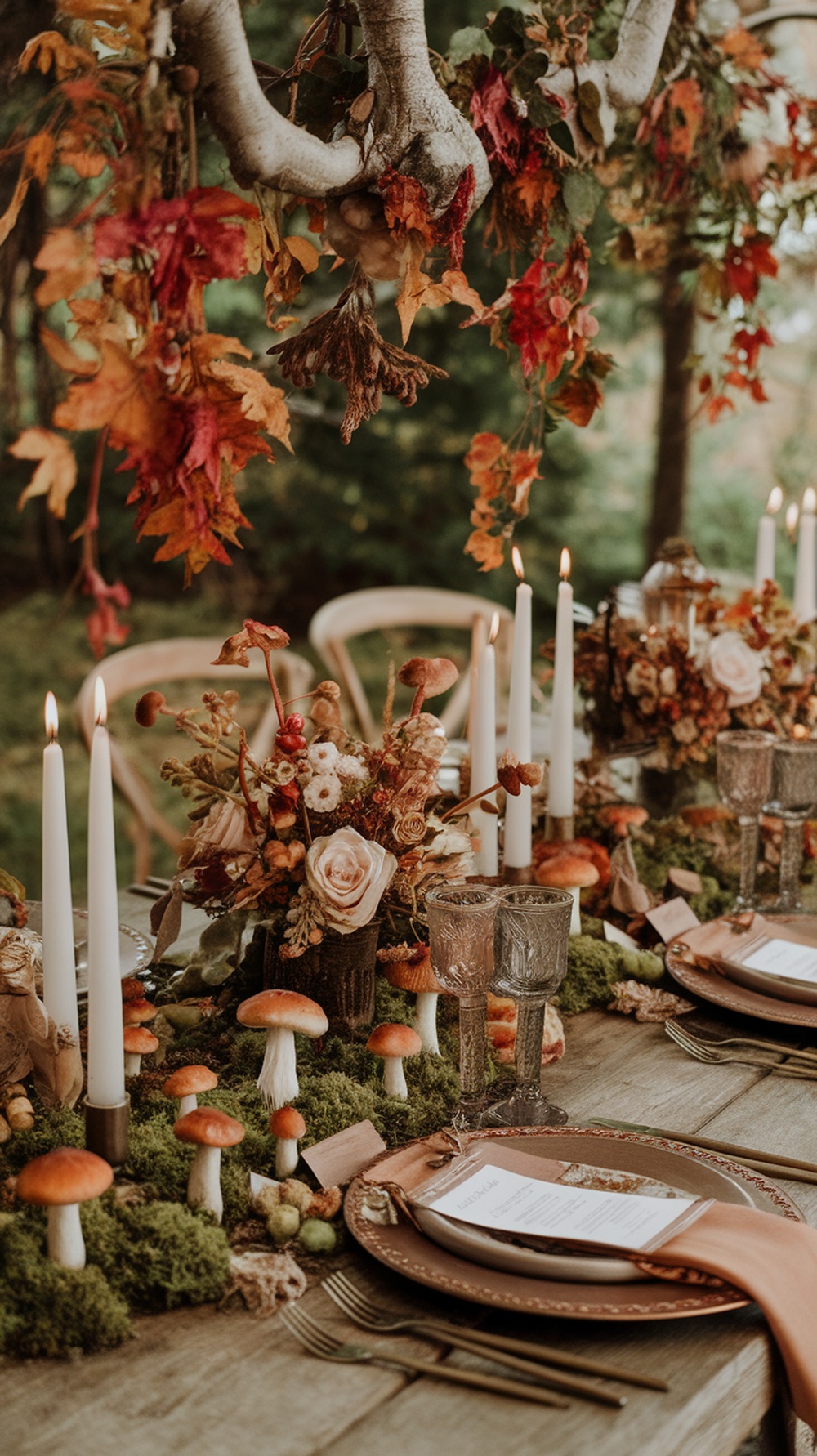 A wedding table decorated with tiny mushrooms, moss, and autumn leaves, featuring candles and floral arrangements.