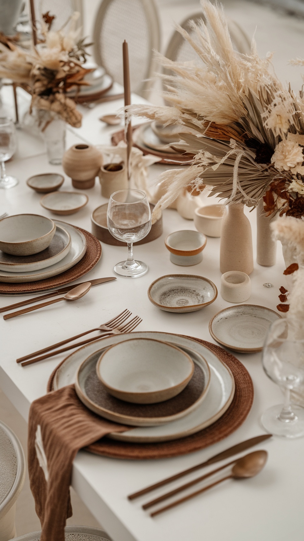 Elegant brown-themed wedding table decor featuring ceramic plates, rustic table runners, dried flowers, and bronze cutlery.
