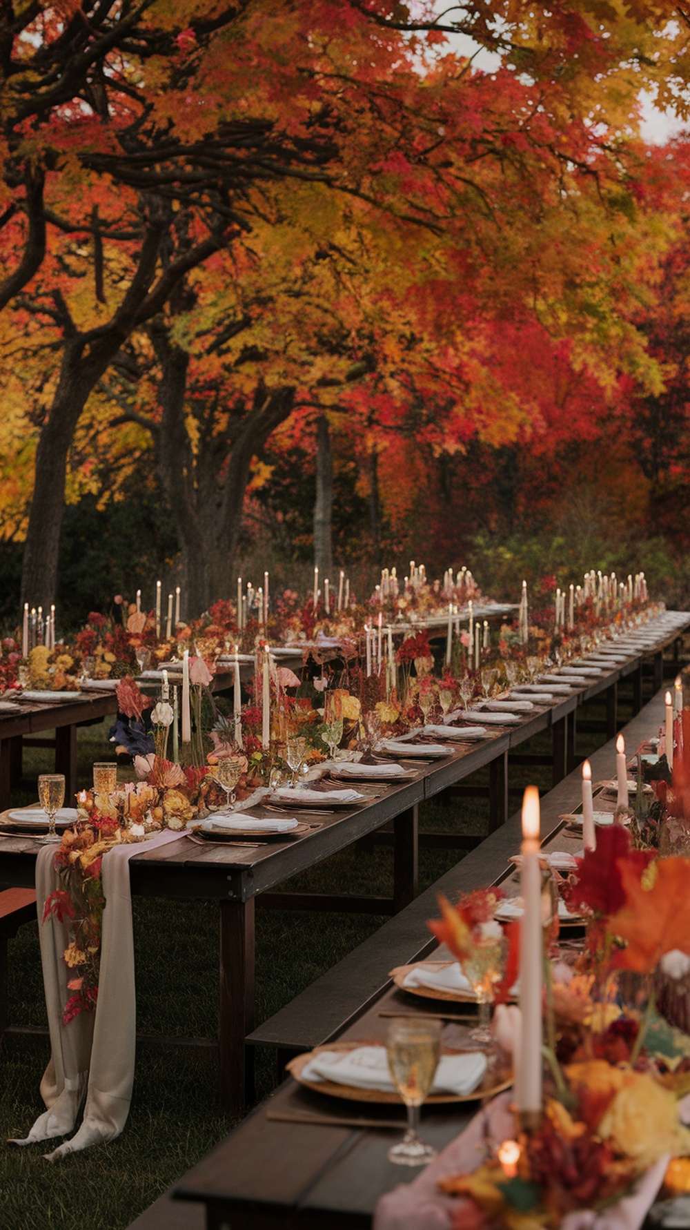 Long reception tables elegantly decorated under colorful autumn trees, featuring floral arrangements and candlelight.