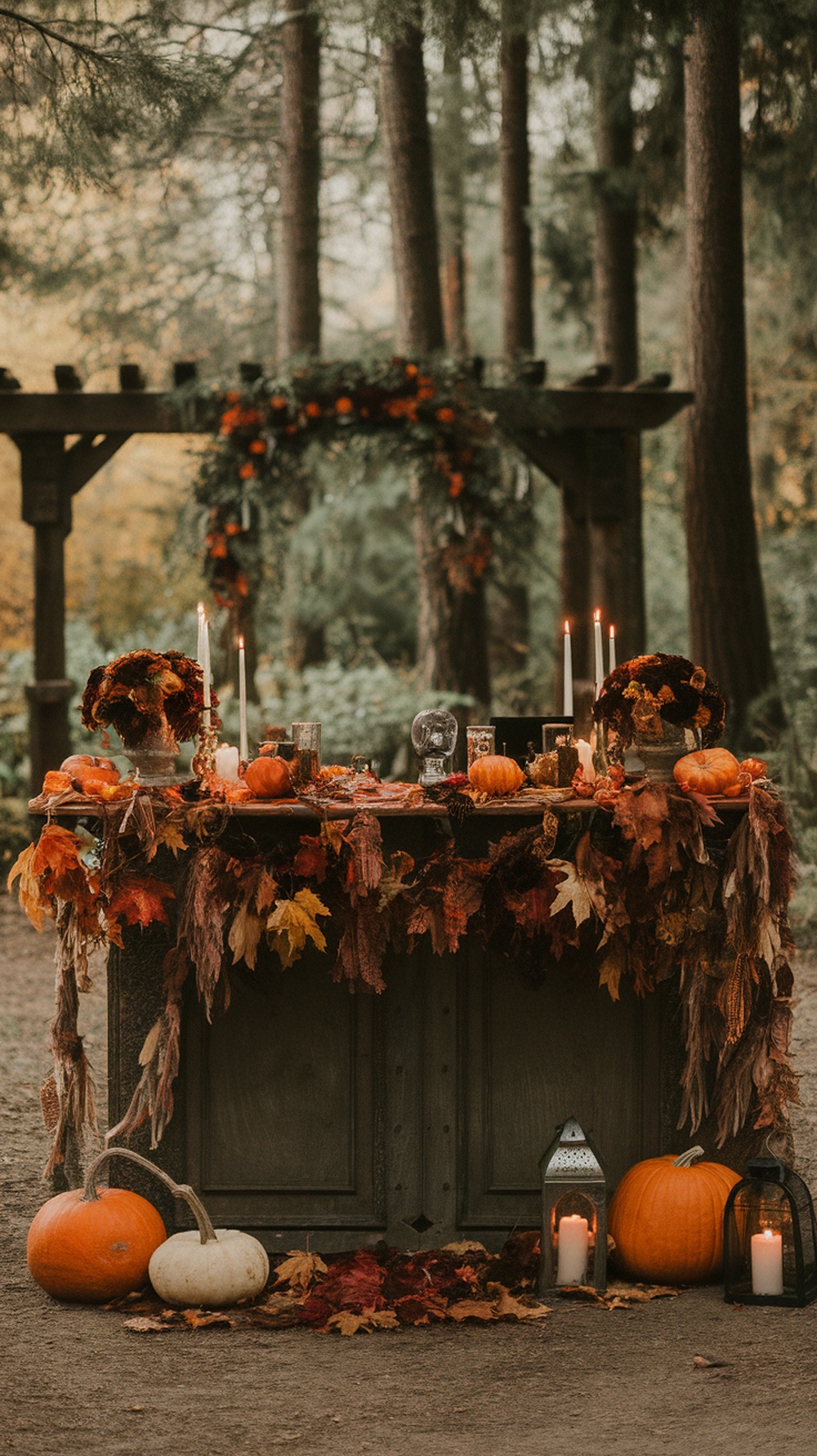 A beautifully decorated bar in a forest, adorned with autumn leaves, pumpkins, and candles.