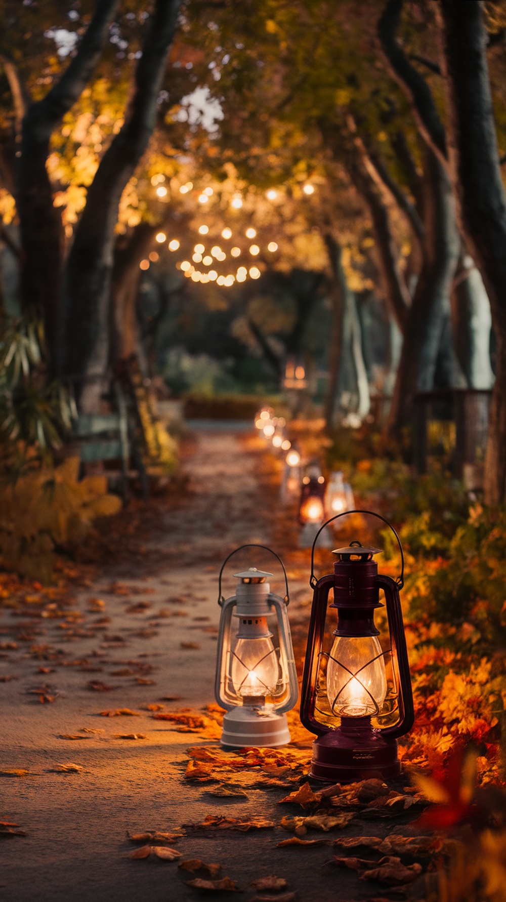 A picturesque pathway illuminated by vintage lanterns, surrounded by autumn trees with falling leaves