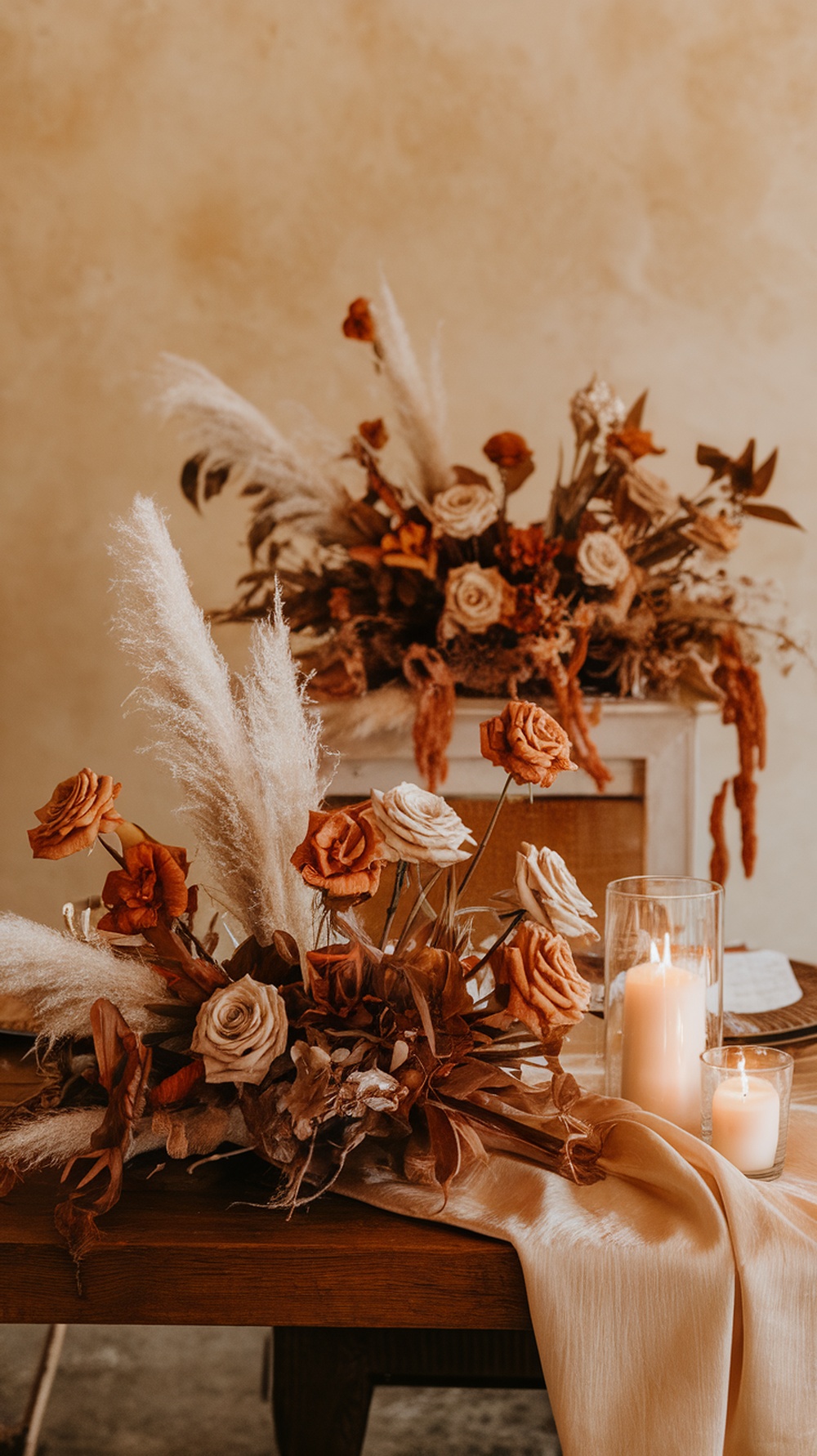 A beautiful floral centerpiece featuring cinnamon brown and beige roses, pampas grass, and candles on a table.
