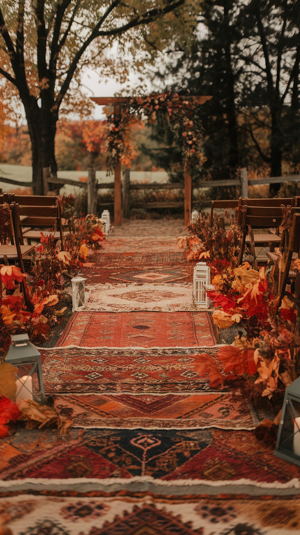 Layered rugs decorate the ceremony aisle with autumn leaves and lanterns.