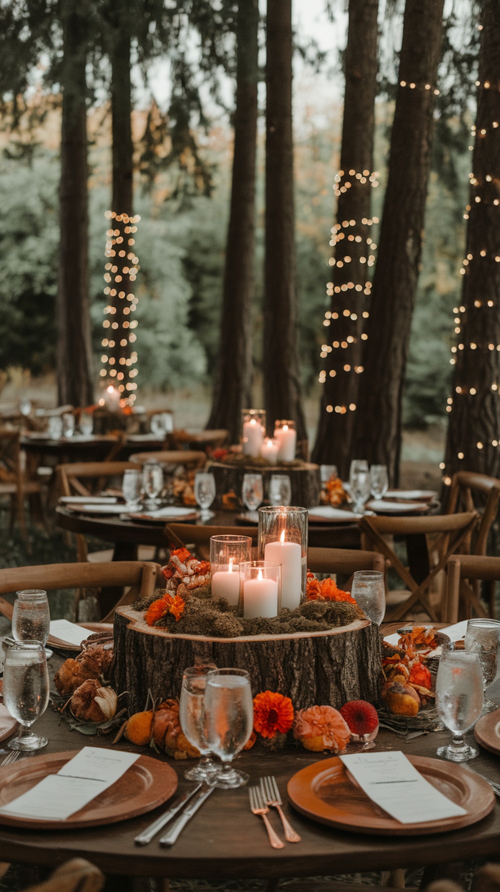 Rustic tree stump centerpieces with candles and autumn flowers at a wedding table