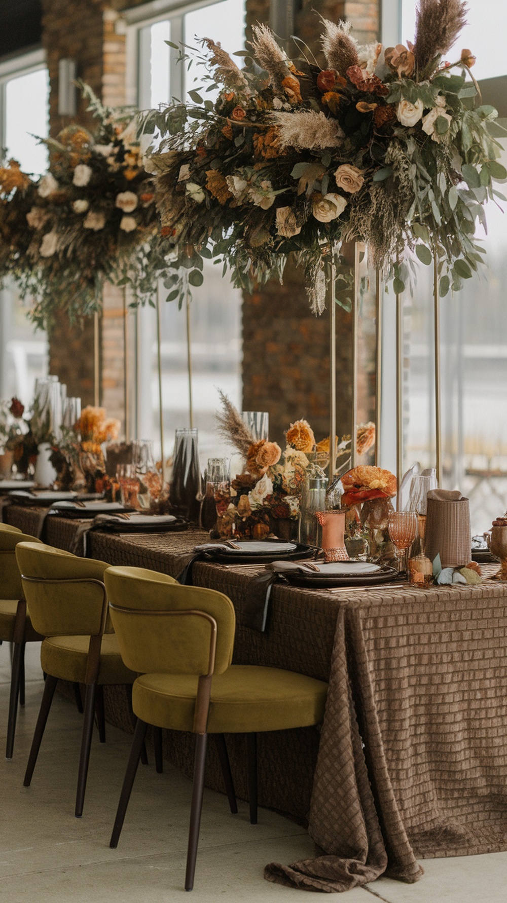 Elegant reception table with brown and olive green decor, featuring floral arrangements and cozy seating.