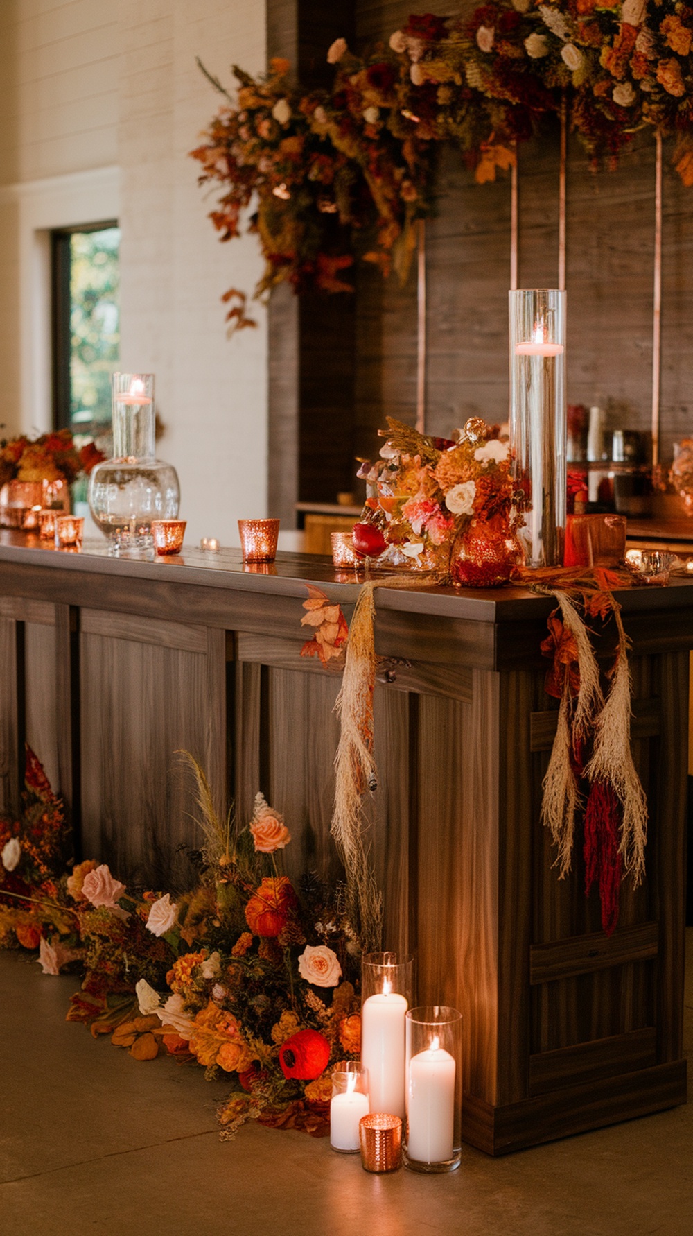 A beautifully decorated wedding bar displaying dark walnut wood and warm copper accents, surrounded by autumn floral arrangements and soft candlelight.