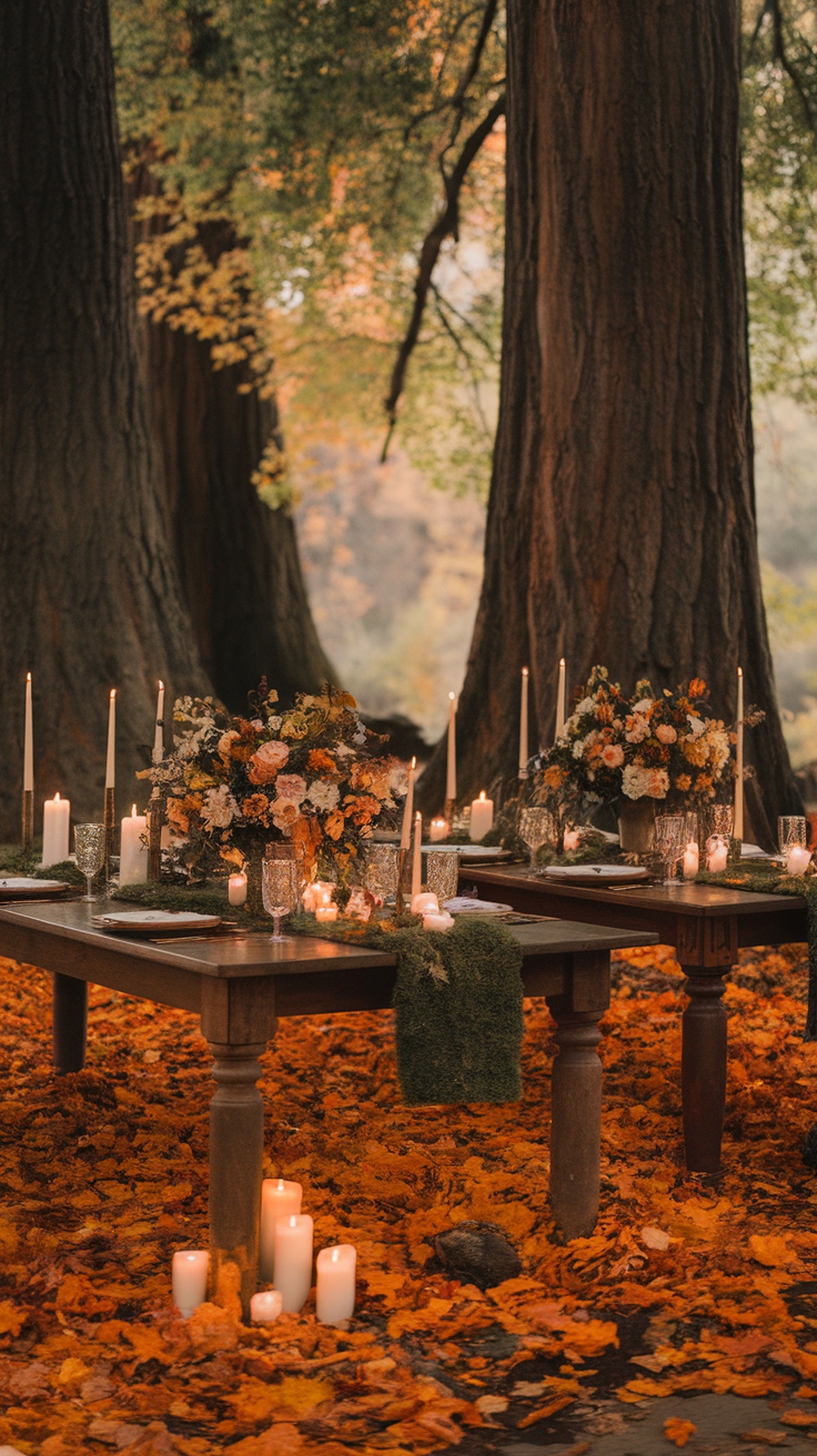 Long wooden reception table set under trees with floral arrangements and candles.